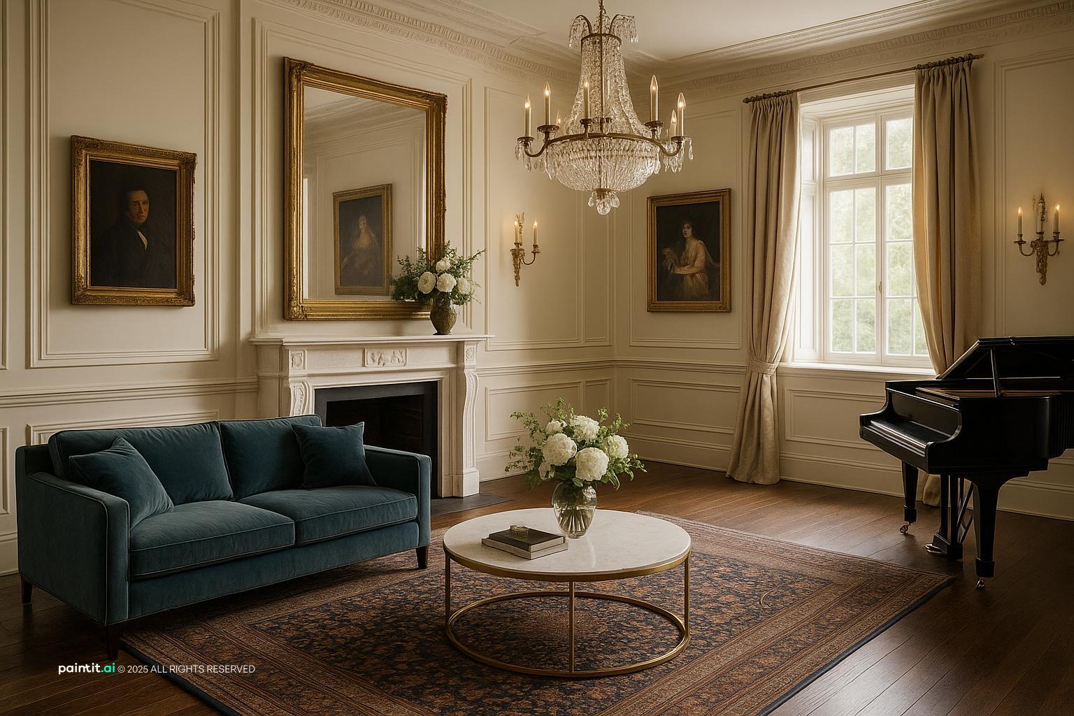 Elegant Neoclassical Living Room Design with Cream Tones showing cream tones, metal accents, layered neutrals for Black and Cream Living Room Ideas.