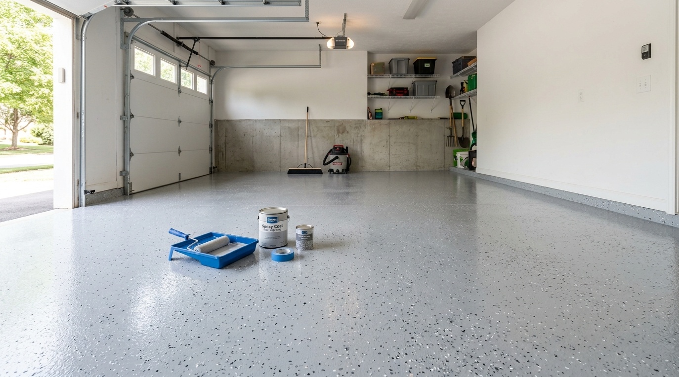 beginner-friendly 2-car garage floor with a light gray epoxy base and evenly broadcast decorative flakes