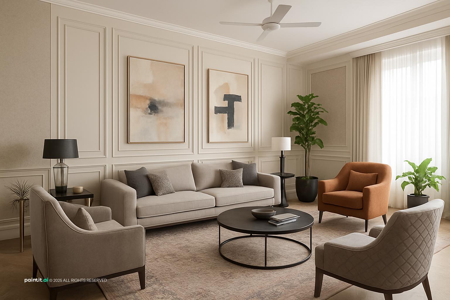 Living room with a cream panelled accent wall, abstract art, a cream sofa and armchairs