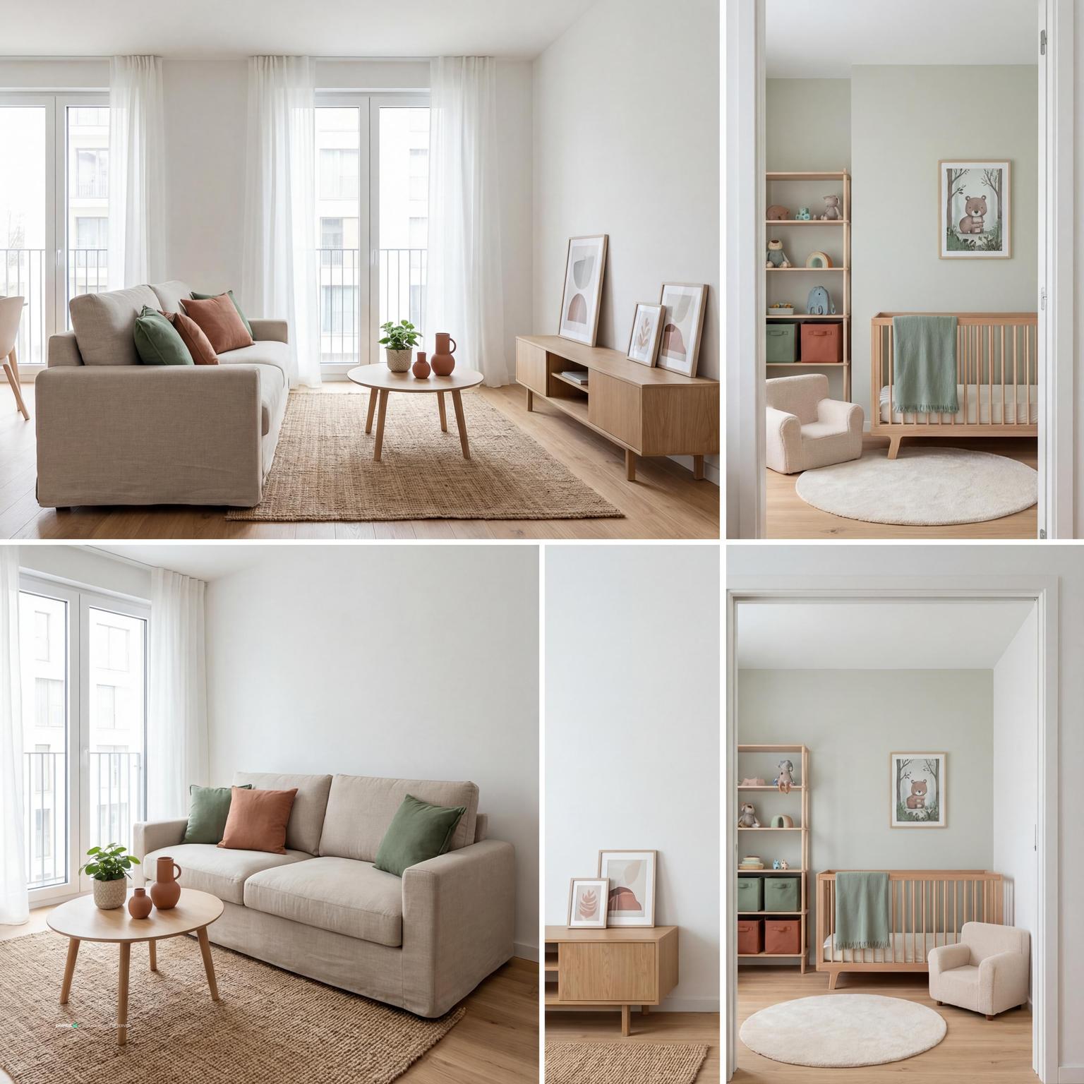 Cream living room with terracotta cushions next to a pale green nursery with a crib and round play rug