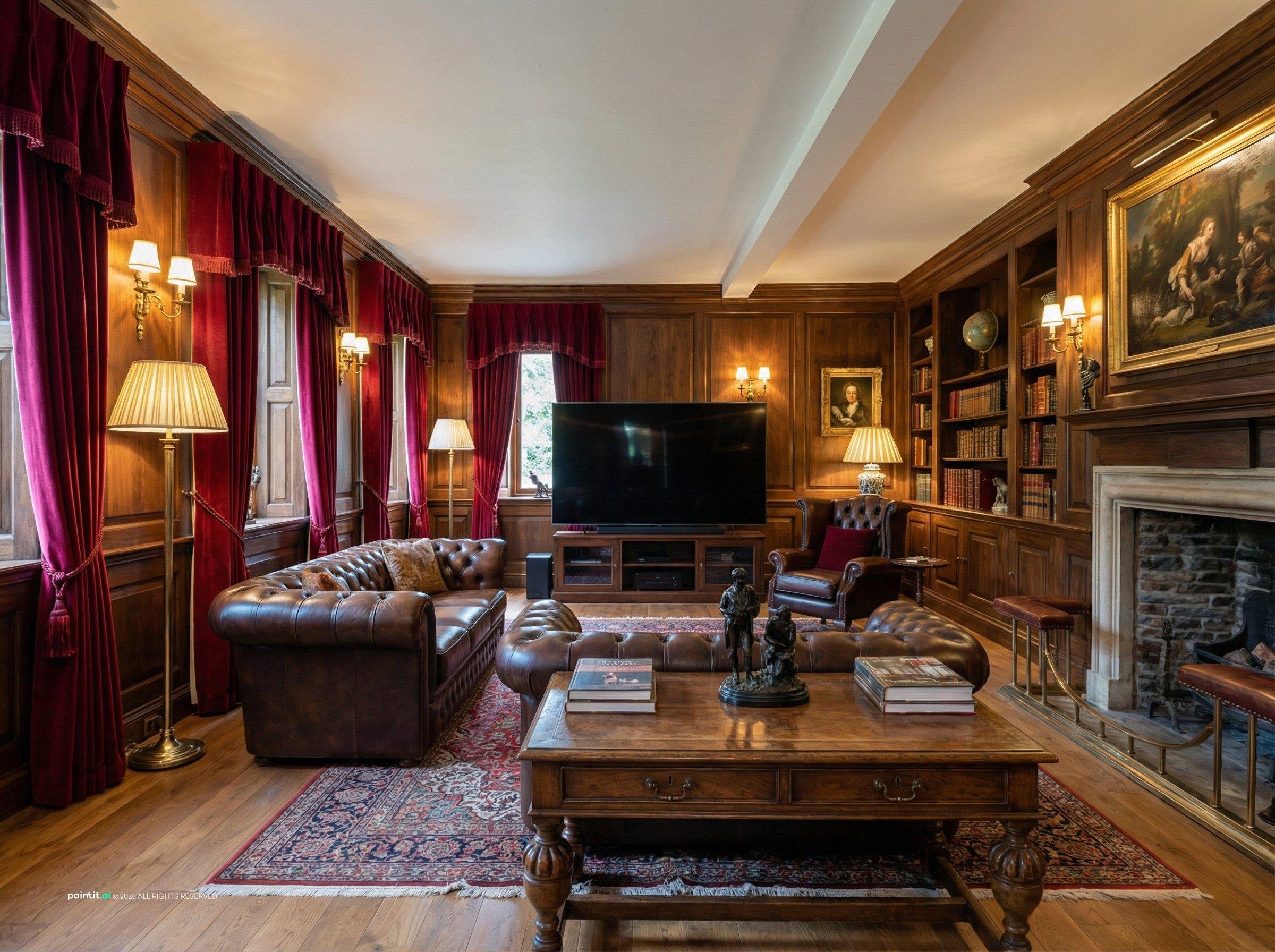Wood-paneled English library living room with a leather Chesterfield, crimson curtains, bookcases and a fireplace