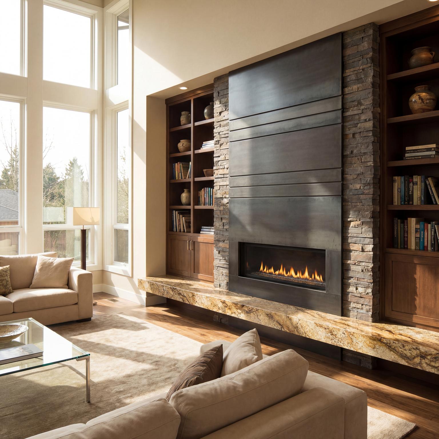 Modern Living Room with Sleek Fireplace Design, offering a refined workstation in living room.