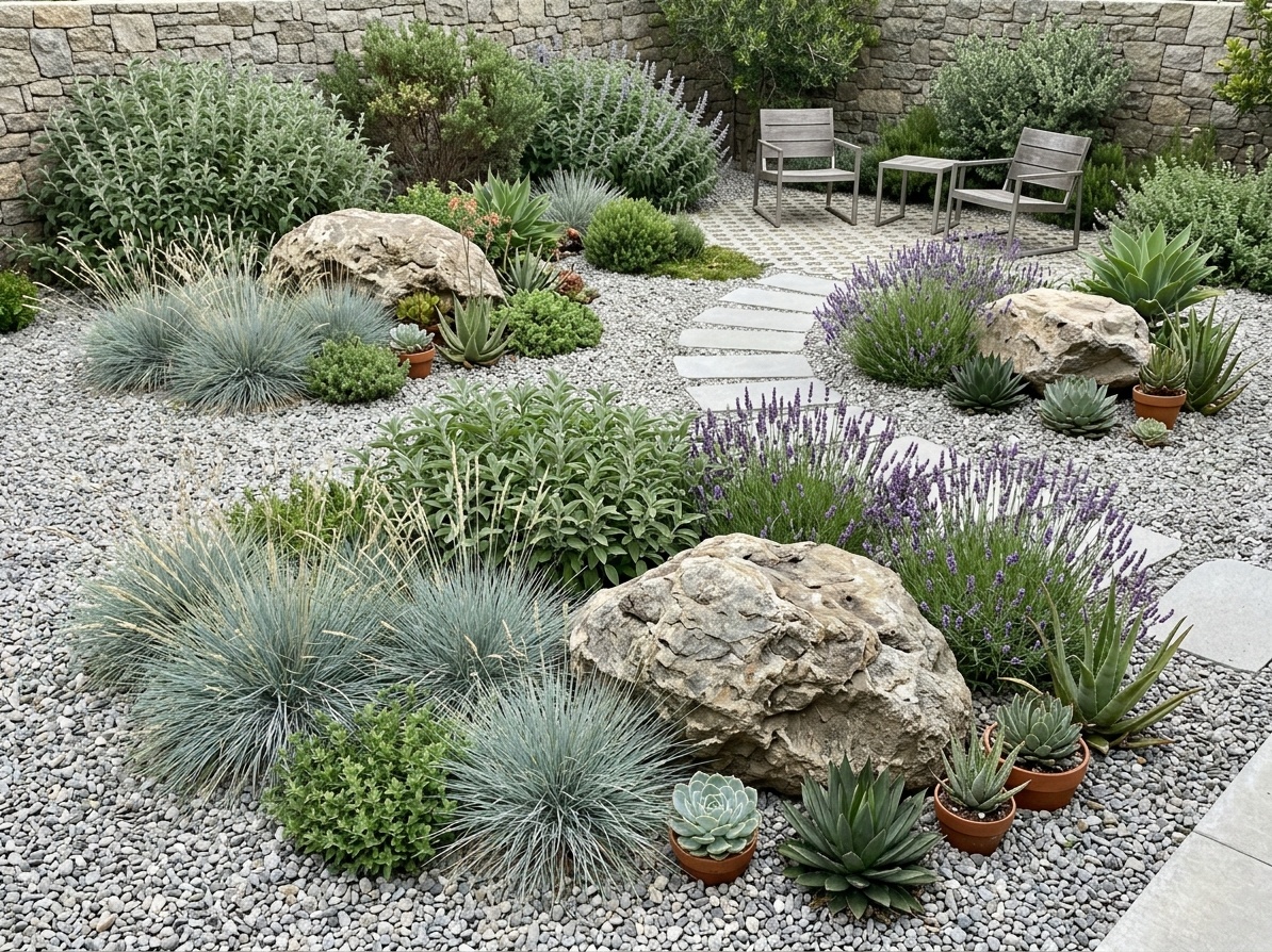 A sustainable xeriscape backyard with light gray decorative gravel replacing the lawn across most of the space. Clusters of drought-tolerant plants arranged in natural groupings — blue fescue ornamental grasses, sage, lavender, and architectural succulents in varying heights. Three large natural boulder rocks placed as organic sculptural elements. Small permeable paver stepping stones leading to a minimal seating area. No irrigation visible, no lawn visible. Bright even daylight. Photorealistic exterior photography, eco-conscious and serene atmosphere, 4:3 ratio.