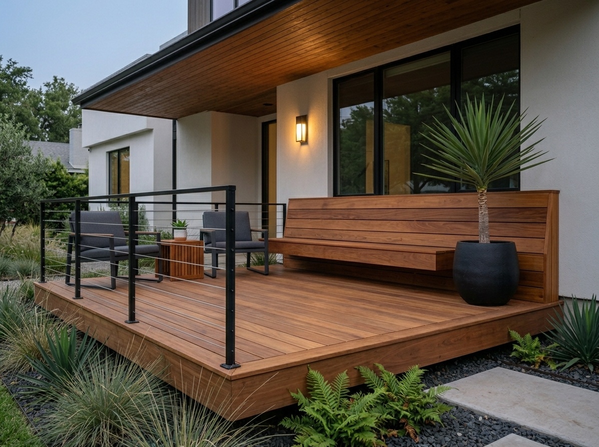 Modern front deck with built-in floating cedar bench along one edge and no visible fasteners