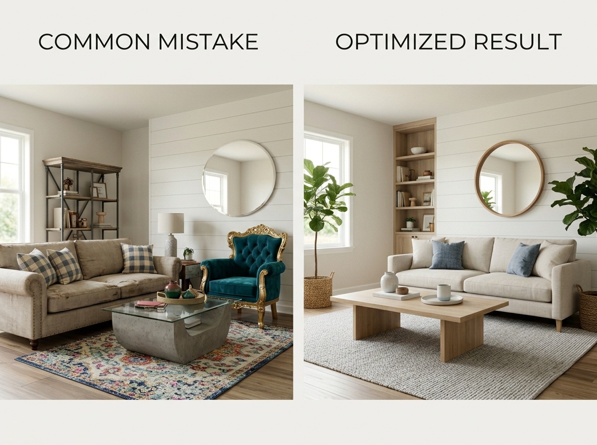 Side-by-side comparison showing common AI design mistake with cluttered mismatched styles on left versus clean cohesive optimized result on right