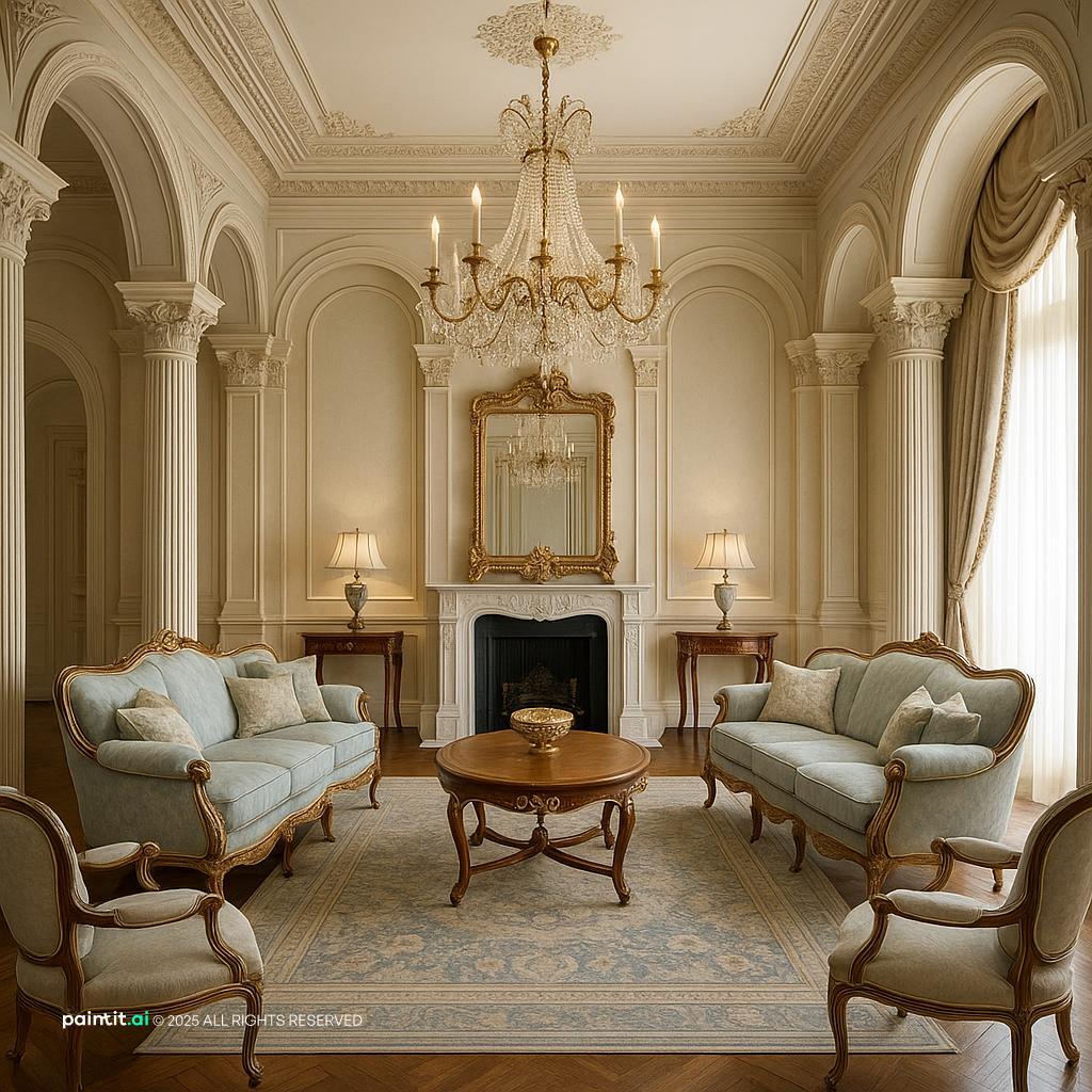 Elegant Neoclassical Living Room Design with daylight and rug and a calm living room atmosphere.