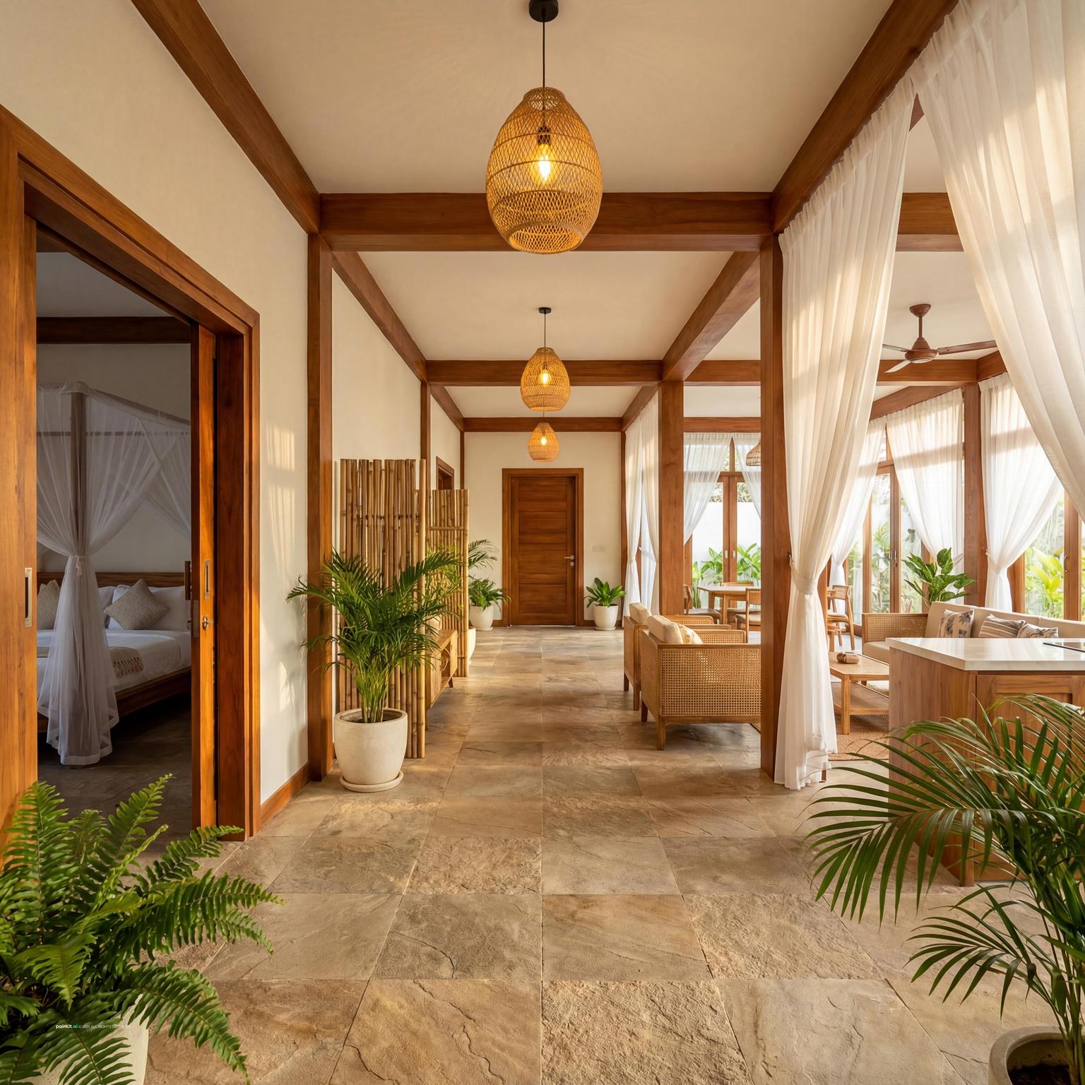 Bali-Inspired Hallway Design with daylight and stone and a calm living room atmosphere.