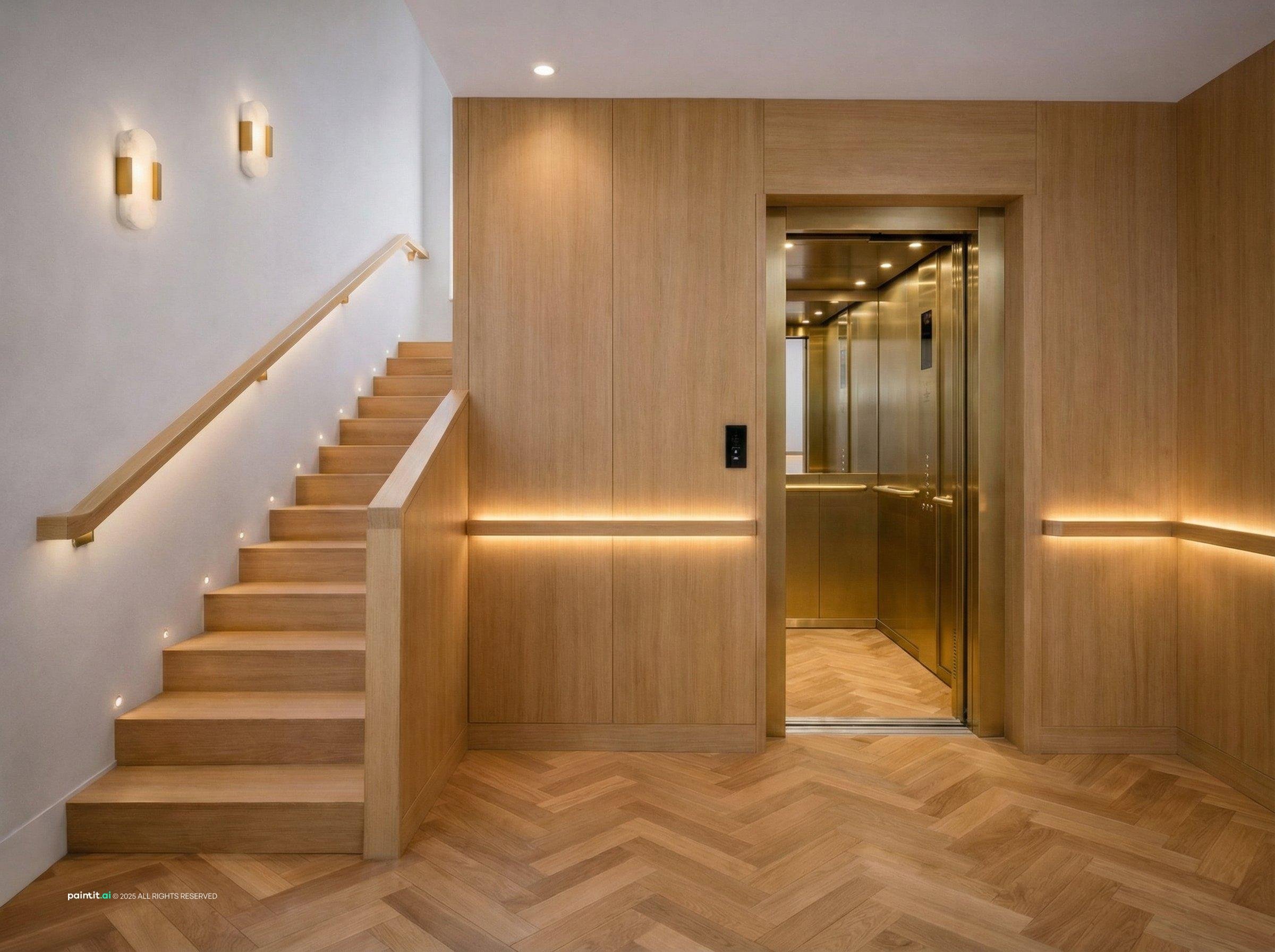 Home lift next to a wooden staircase with a glass door and warm wall lighting