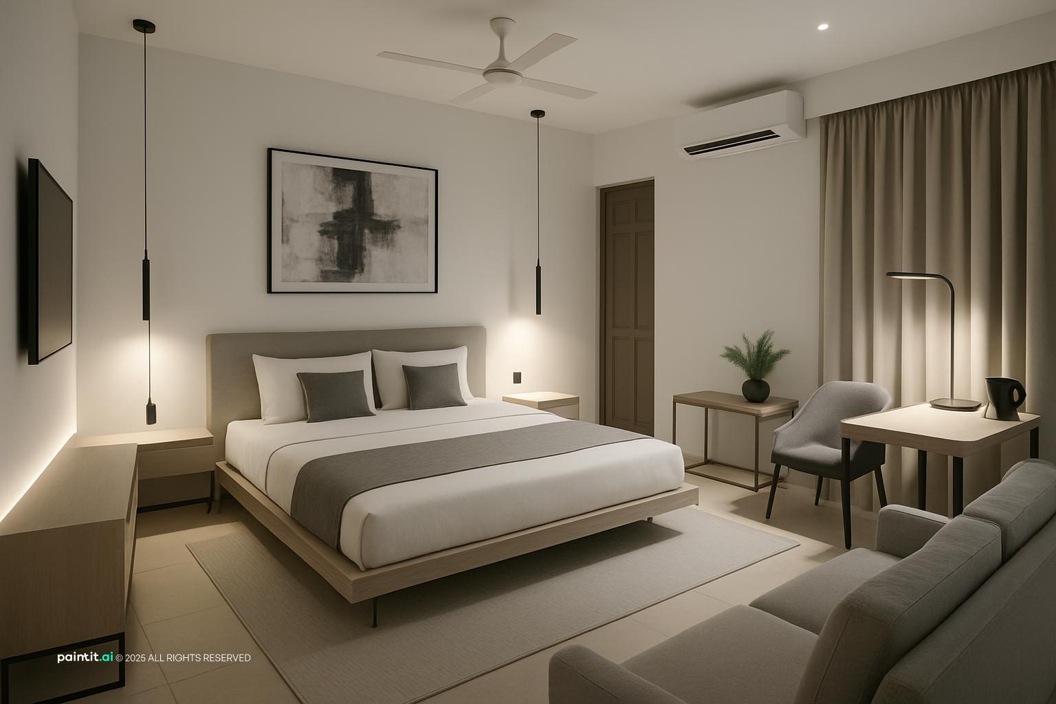 Minimal hotel room with a low platform bed, pendant lights on both sides, a desk and an armchair by the window