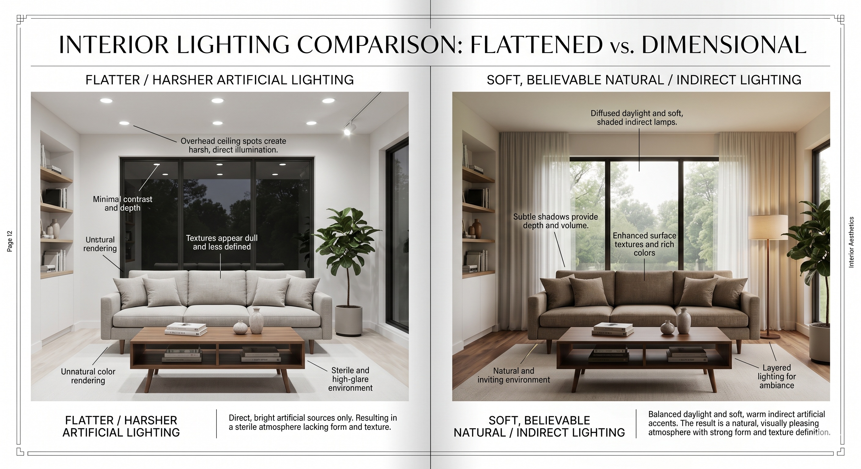 Comparison of flatter less realistic lighting versus soft believable lighting in AI interior design
