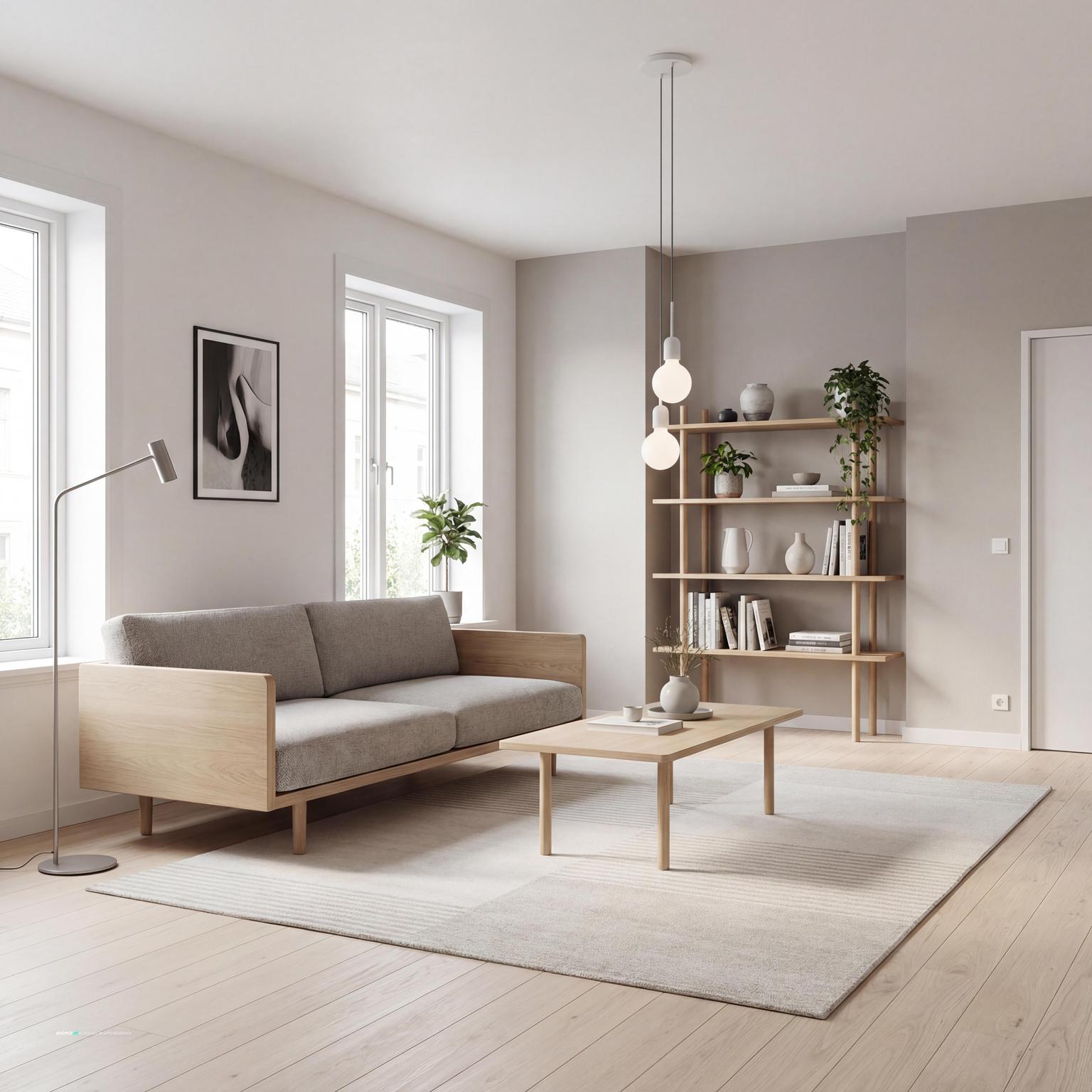 Stunning Scandinavian living room design, blending minimalist aesthetics with natural elements to foster a serene feng shui atmosphere.