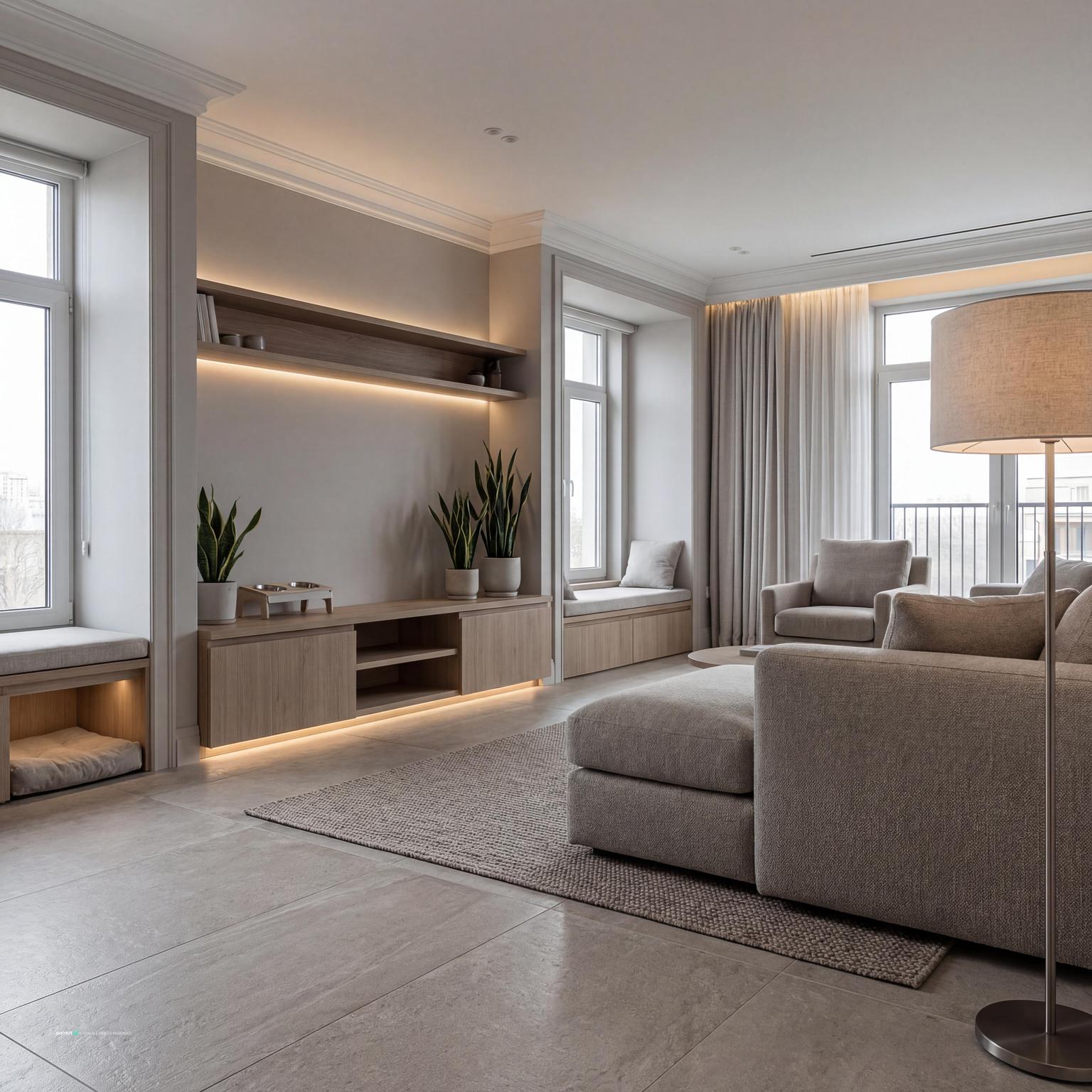 Pet-friendly minimalist living room design, combining durability and style for a functional and inviting very small living room.