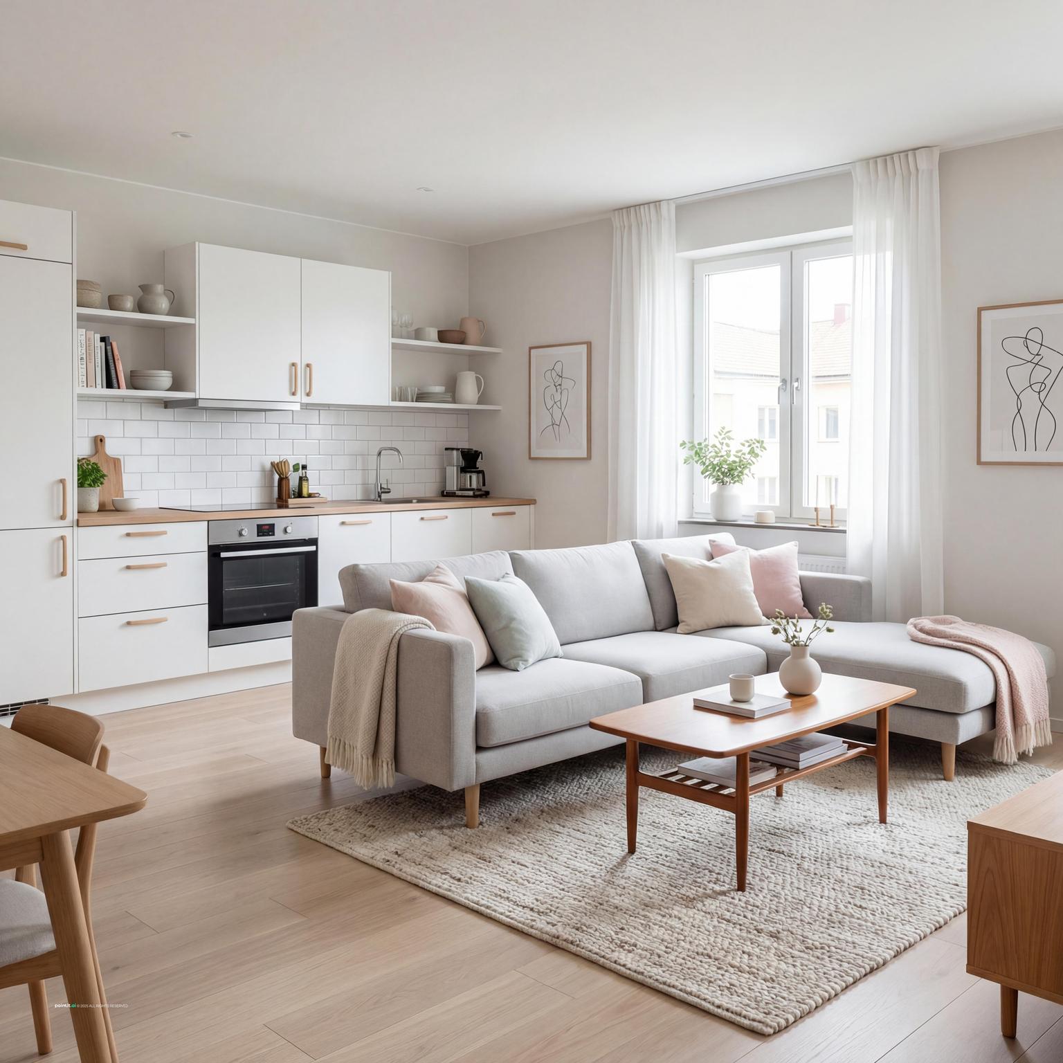 Cozy Scandinavian open-plan kitchen and living room with warm wood built-in storage, integrated shelving, and functional, inviting design.