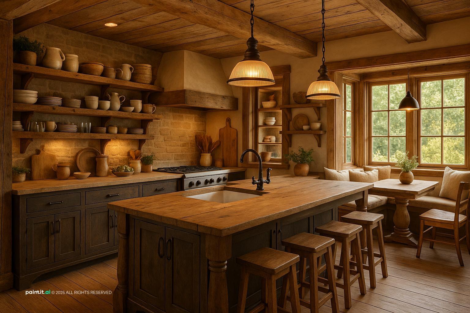 Rustic farmhouse kitchen with ceiling beams, open shelving, pendant lights and a long wooden island with stools