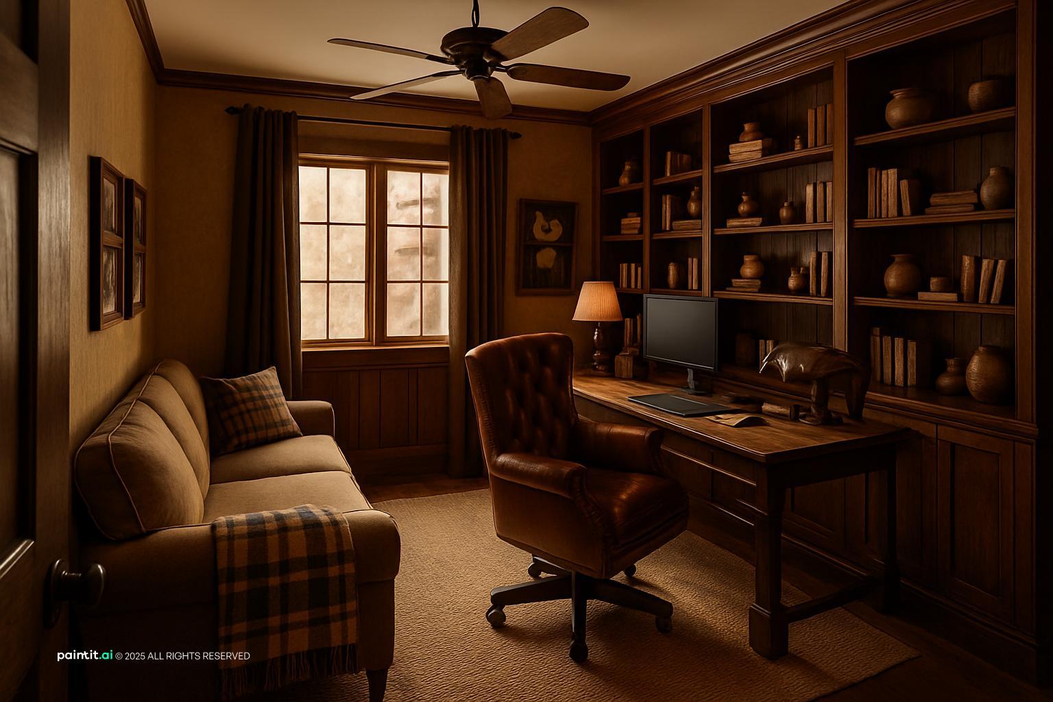 Home study with dark leather seating, wood shelving and warm lodge-style lighting