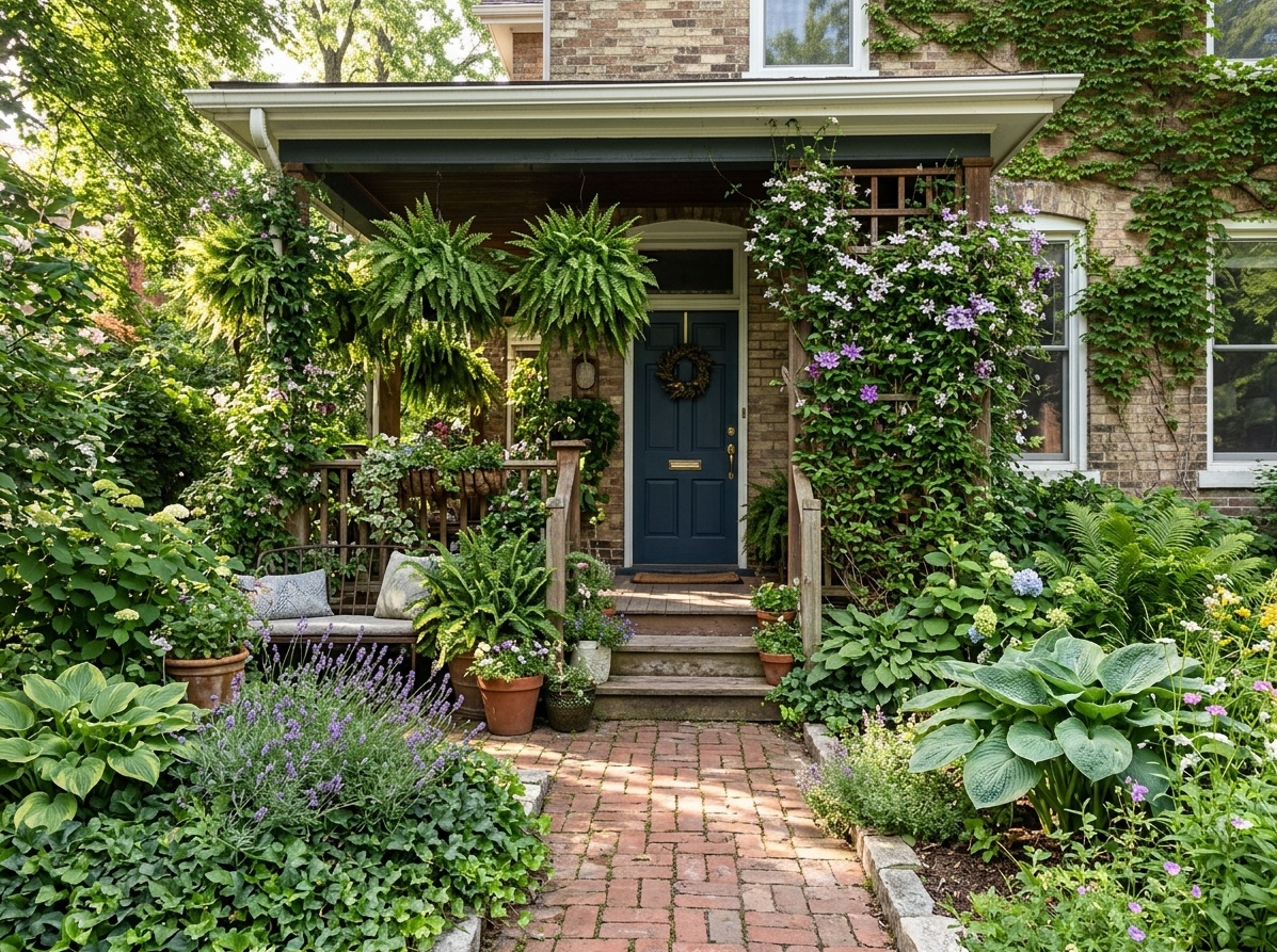Front porch garden oasis with hanging ferns, climbing vines on trellis,  and layered planters of varying heights framing the entrance