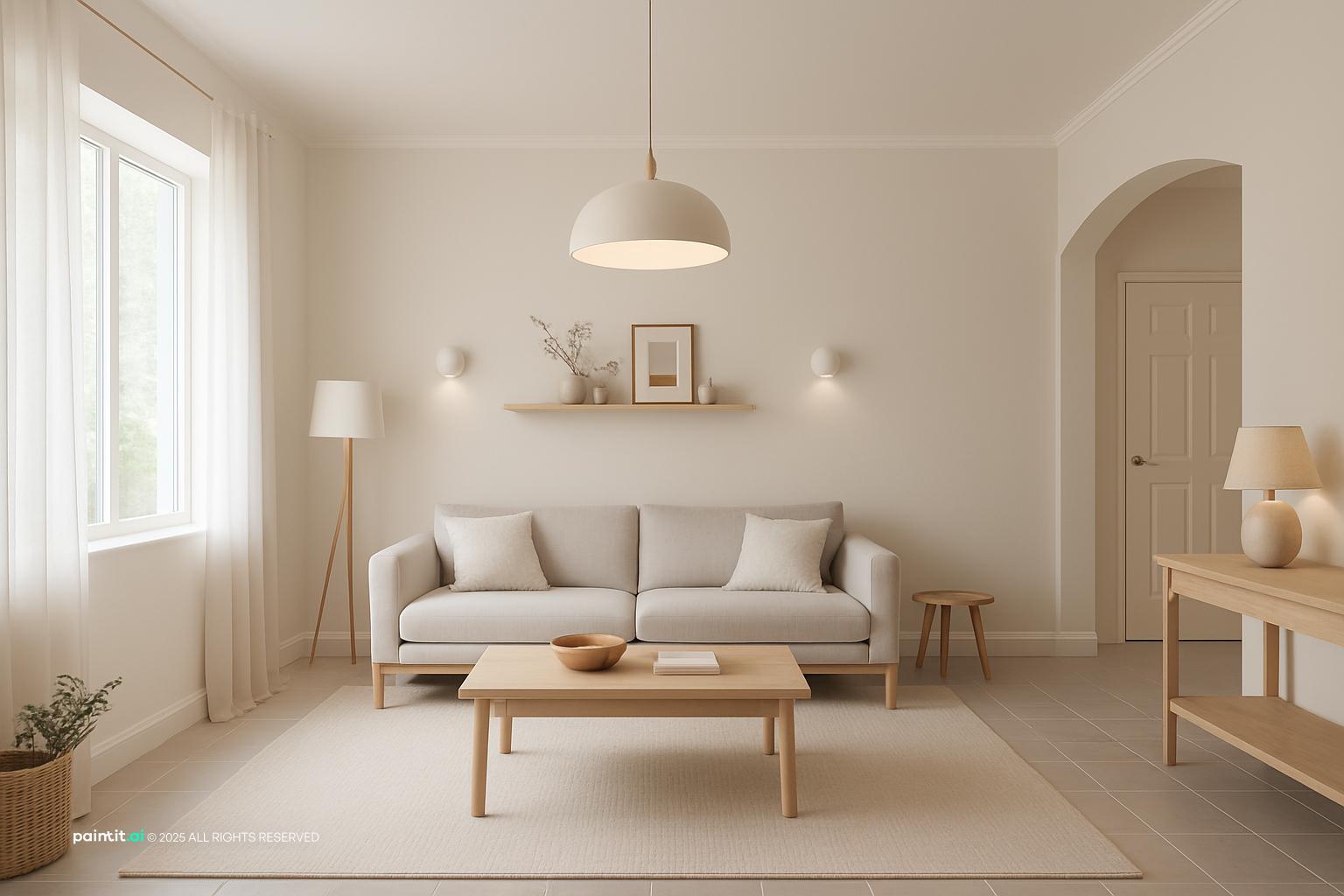 Sun-bleached warm neutral living room with simple furniture and soft daylight