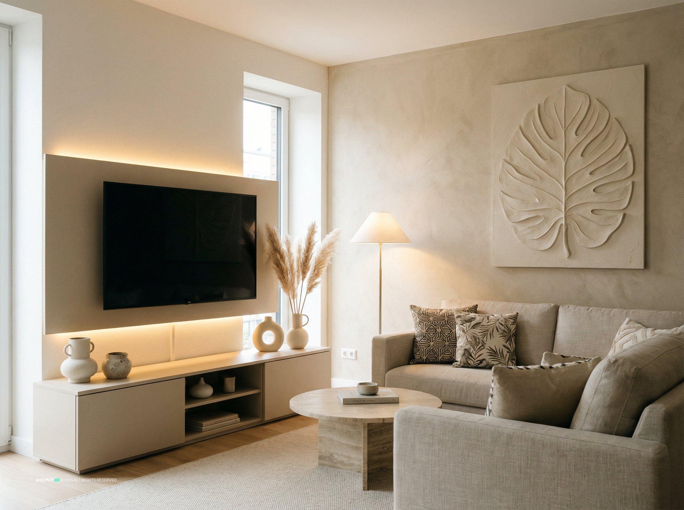 Minimalist beige living room with a leaf-relief feature wall, a low TV unit and a cream sofa