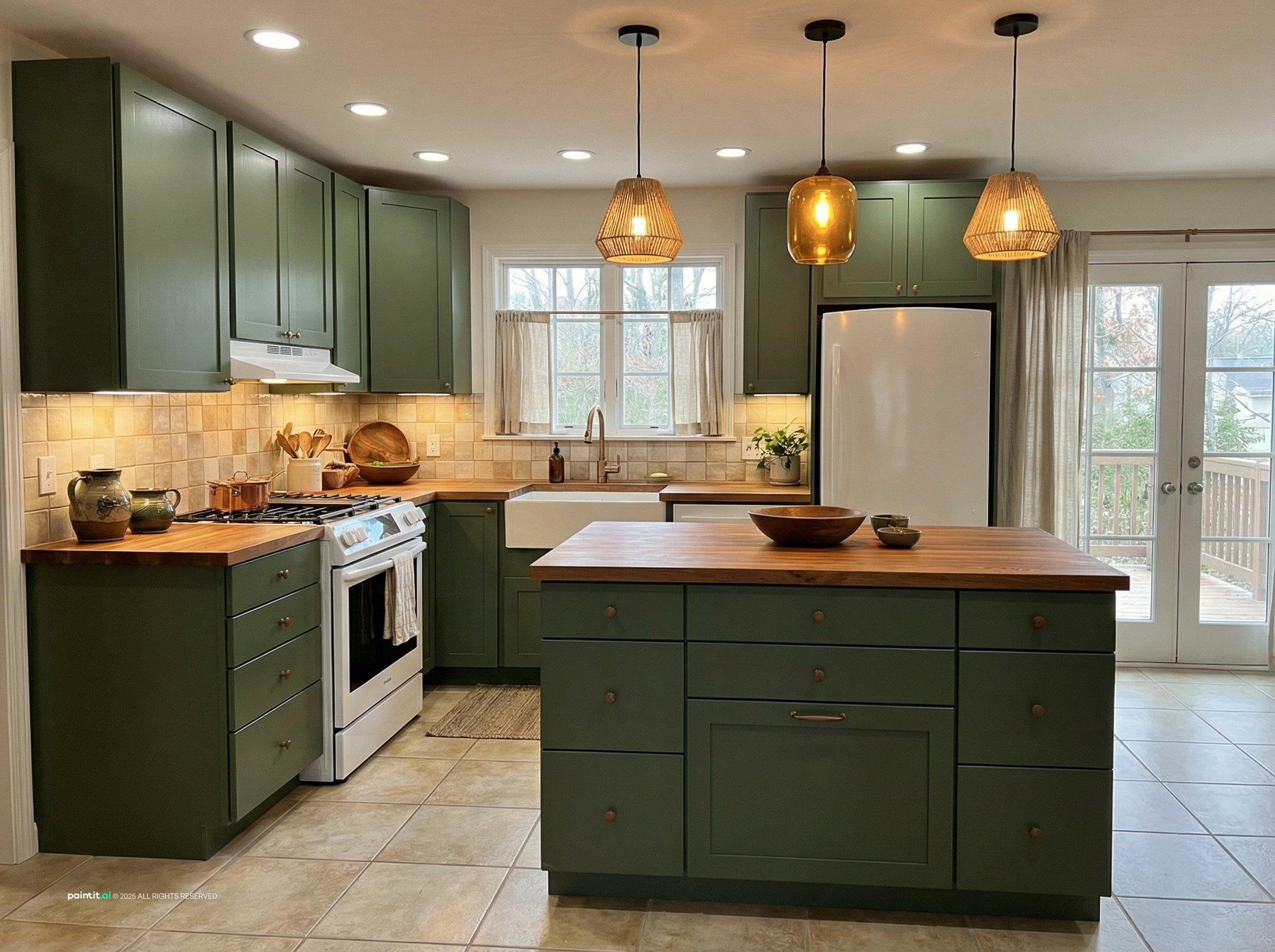 Kitchen with deep green cabinets, a handmade craftsman-style tile backsplash and warm wood accents