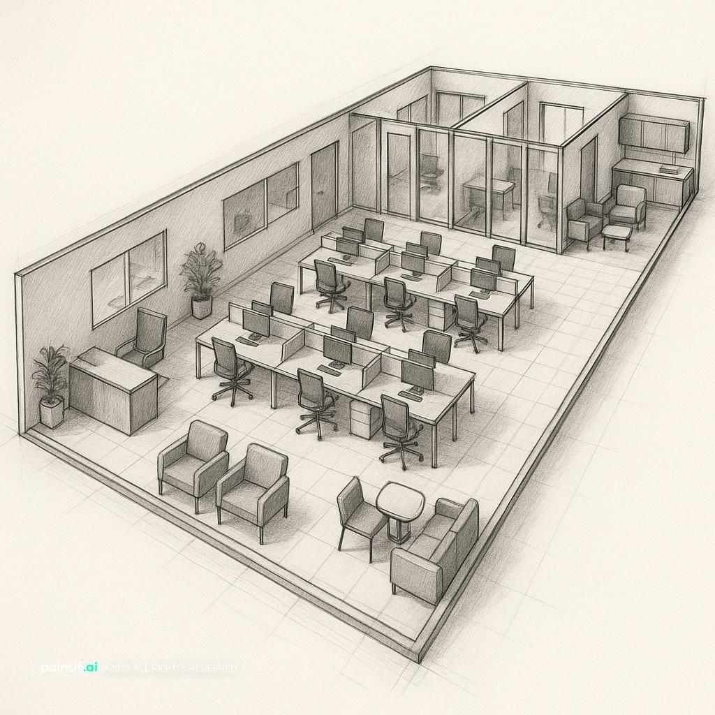 Office layout with reception seating and clear pathways