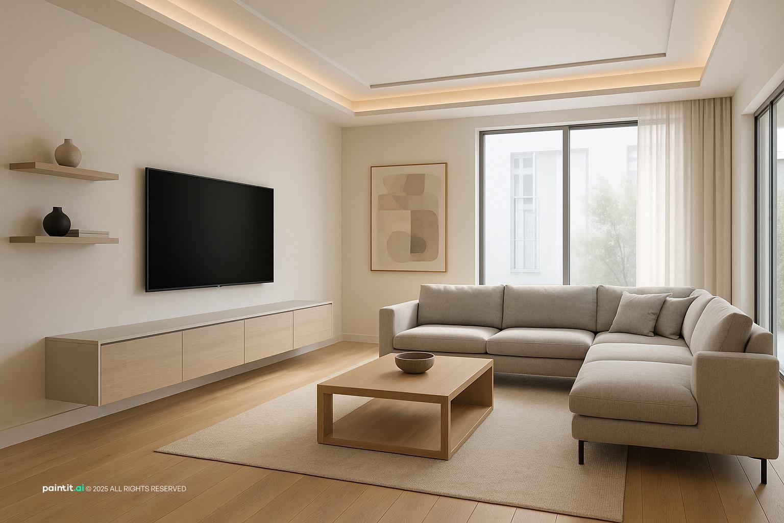 Fall Living Room Design with light oak and clean lines and a calm living room atmosphere.
