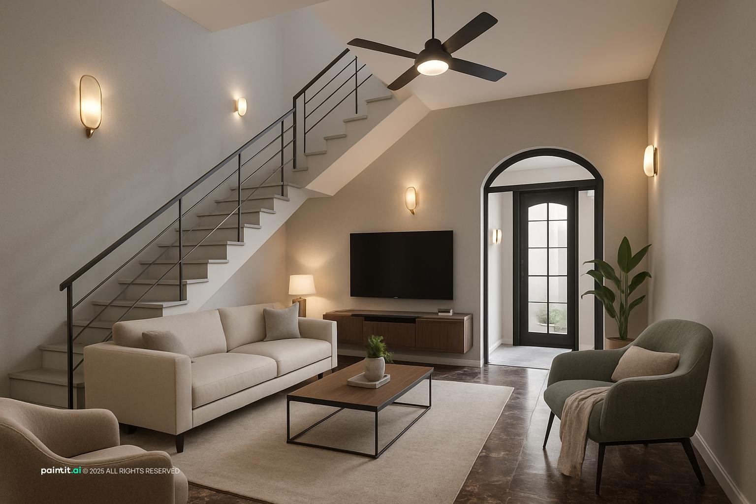 Living room with light gray walls, a black metal staircase, a beige sofa and a glass coffee table