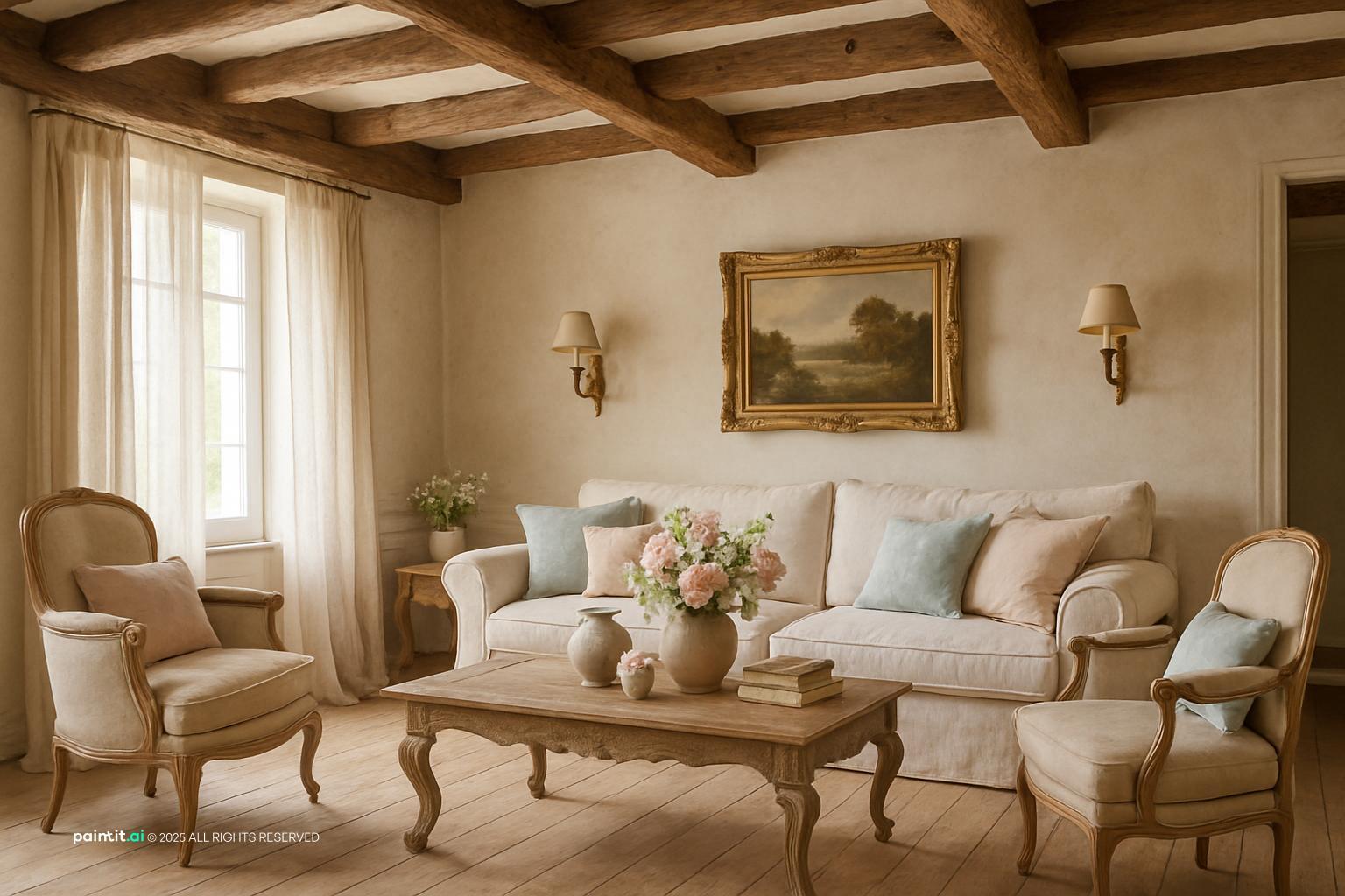 Country living room with timber beams, cream sofas, a landscape painting and wall sconces