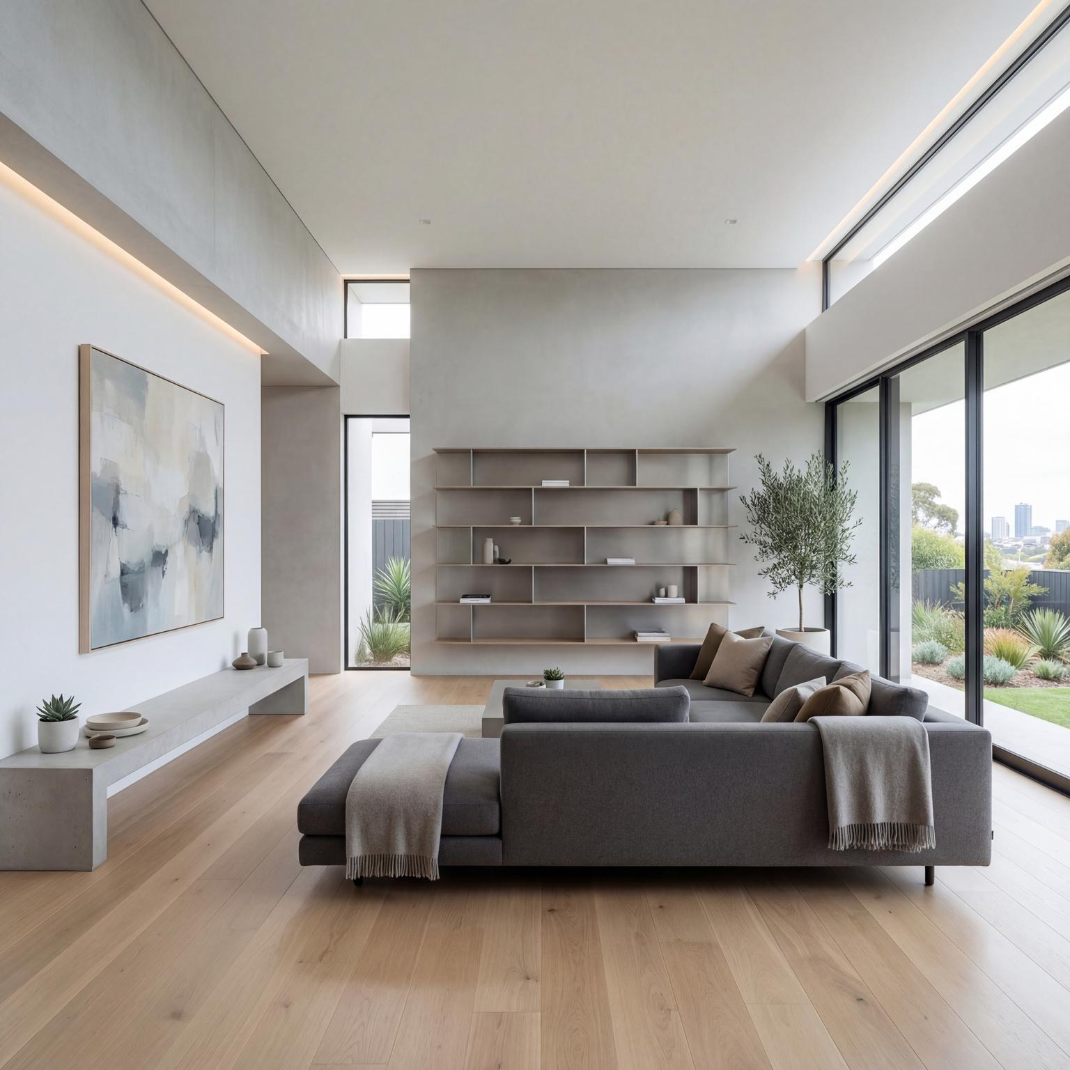 Modern minimalist living room design, featuring sleek zebra shades for a clean, contemporary look and adjustable light.
