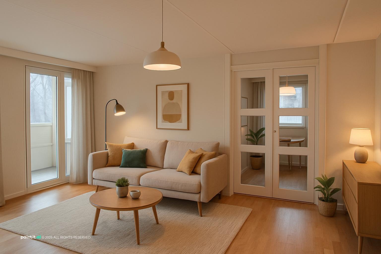 Small living room with a cream sofa, a round table, a pendant lamp and wooden doors