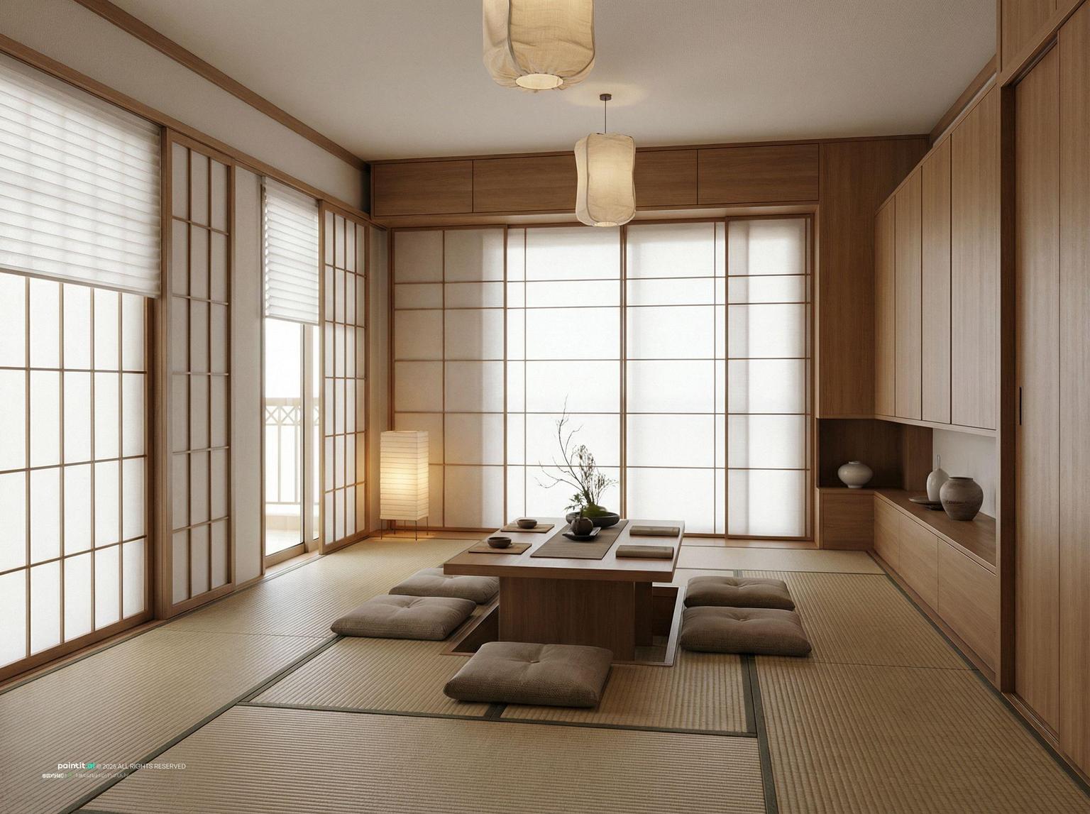Zen Japanese Minimalist Living Room - Elegant Interior Concepts | Paintit.ai - 13