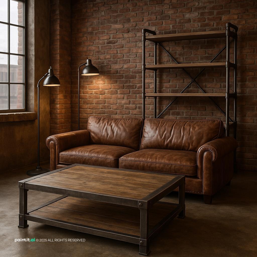 Industrial-Style Living Room Furniture Design with shelving and wood and a calm living room atmosphere.