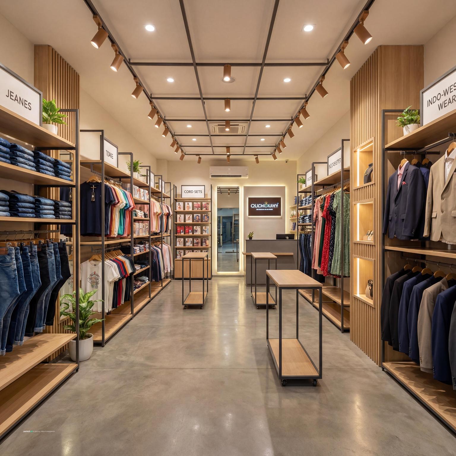Small store layout with product display racks