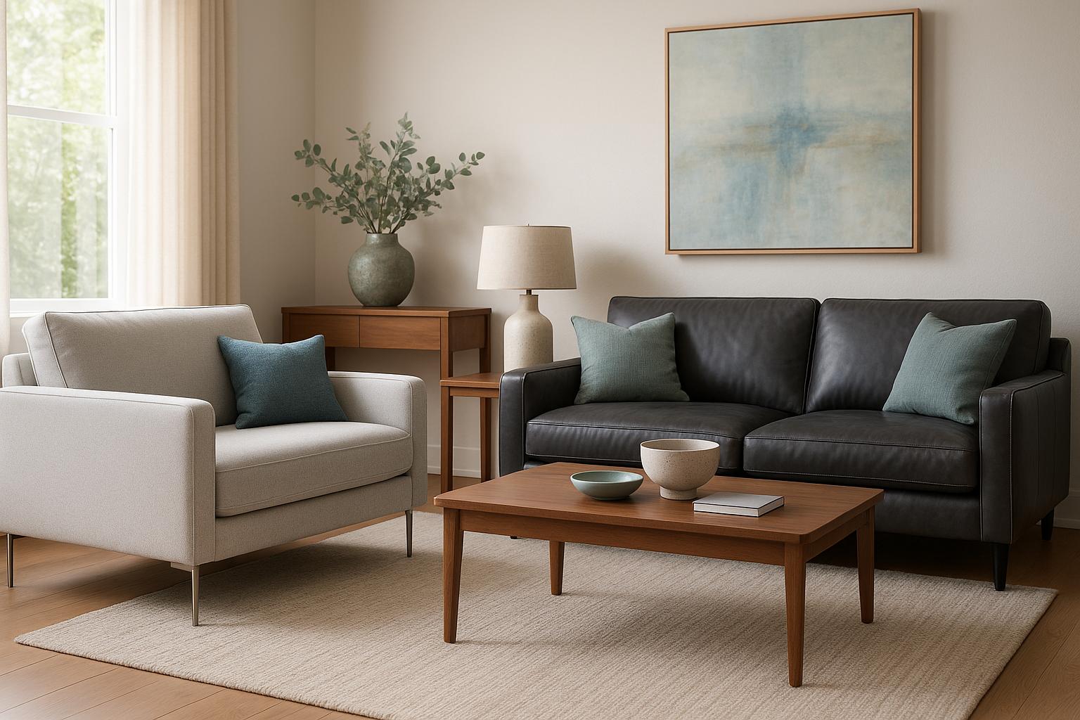 Modern Living Room with Light Grey Loveseat showing grey palette, green accents, metal accents for Grey and Green Living Room Ideas.