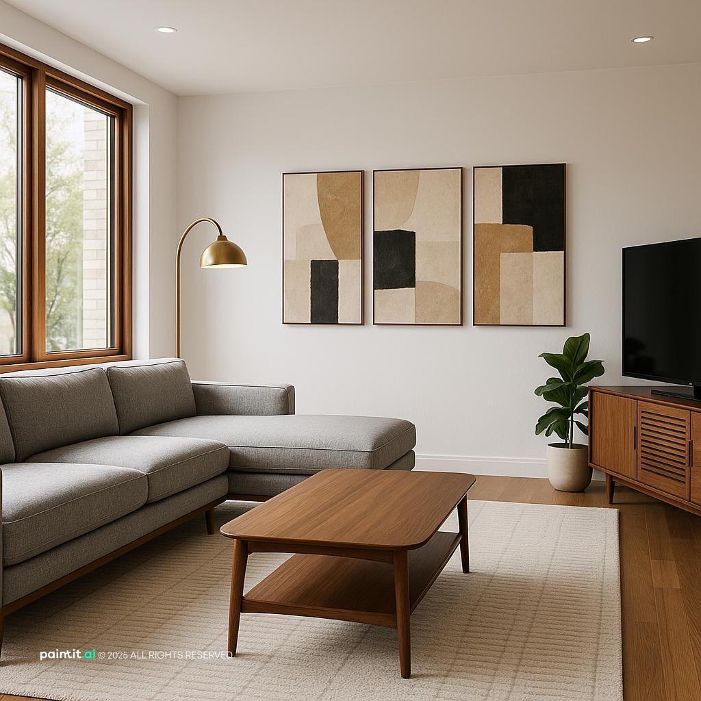 Stunning Mid-Century Modern Living Room with Tv Wall Focus showing TV wall focus, seating facing the screen, warm wood for Living Room Tv Wall Ideas.