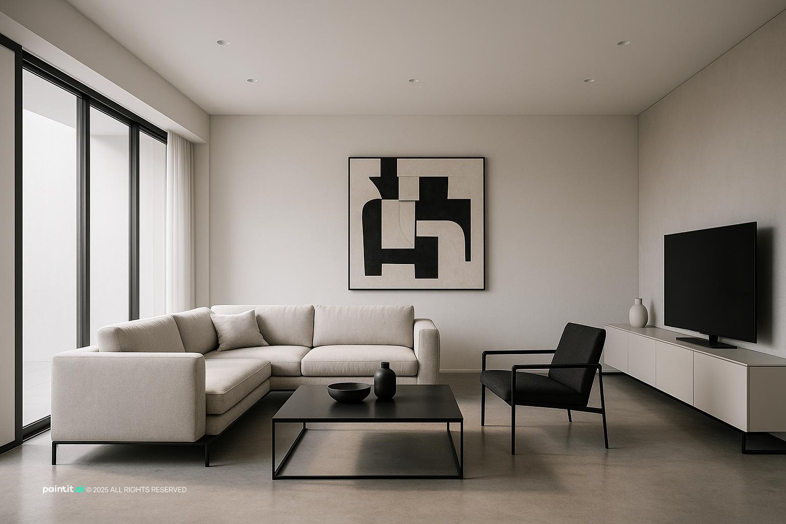 Sleek Modern Living Room Design with Black Contrast showing black contrast, clean-lined furniture, layered neutrals for Black Living Room Ideas.