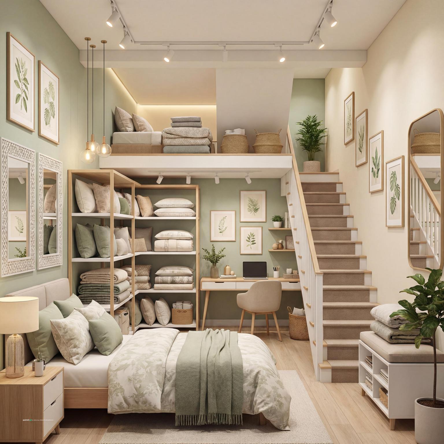 Cozy bedding store with a styled bed, open shelves of linens and a staircase