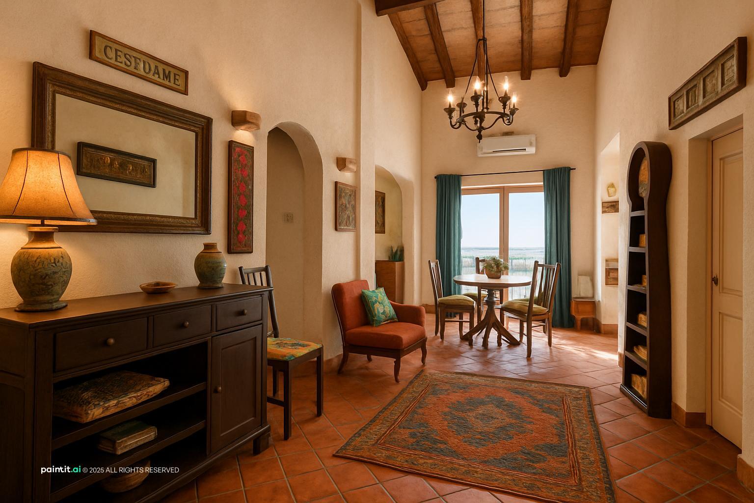 Spanish Mediterranean room with a terracotta tile floor, dark beams, an arched doorway and a patterned rug
