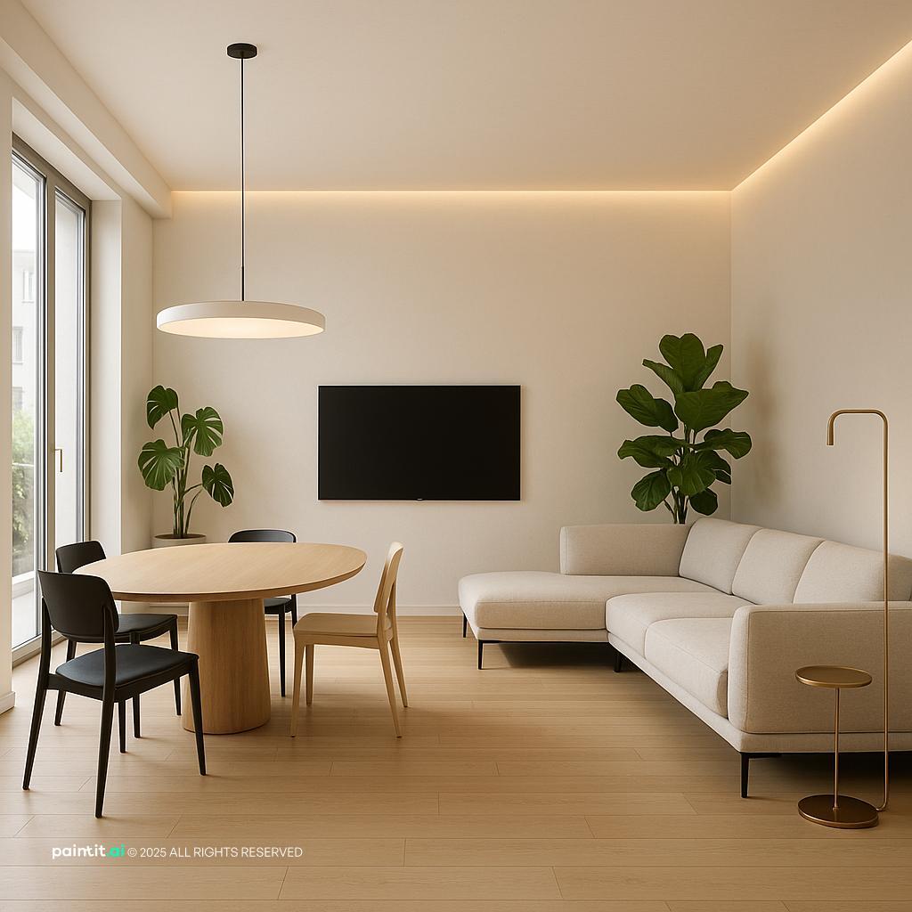 Luxury Modern Minimalist Living Room Design with natural wood and light oak and a calm living room atmosphere.