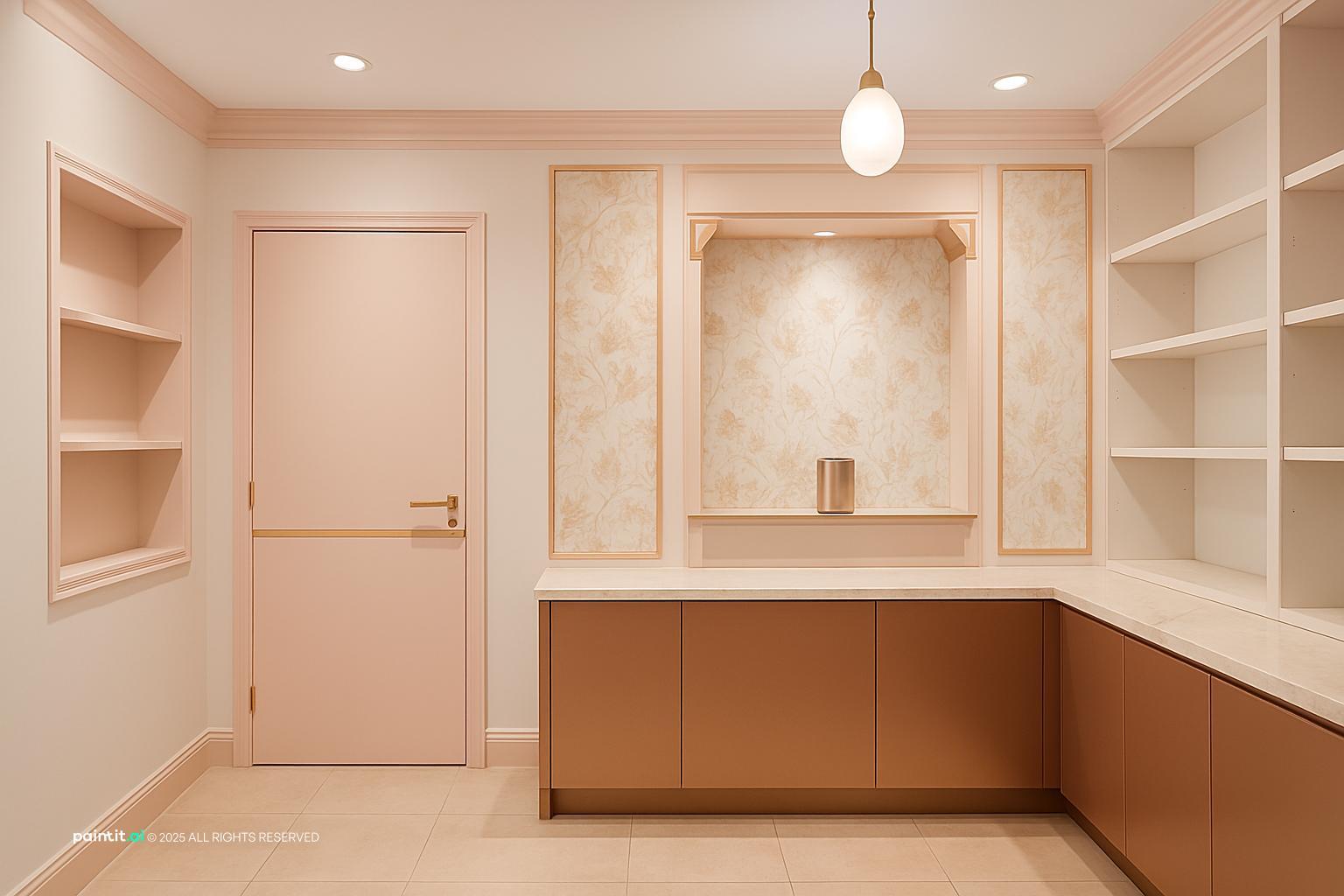 Small boutique with soft pink walls, built-in shelves and a cash counter
