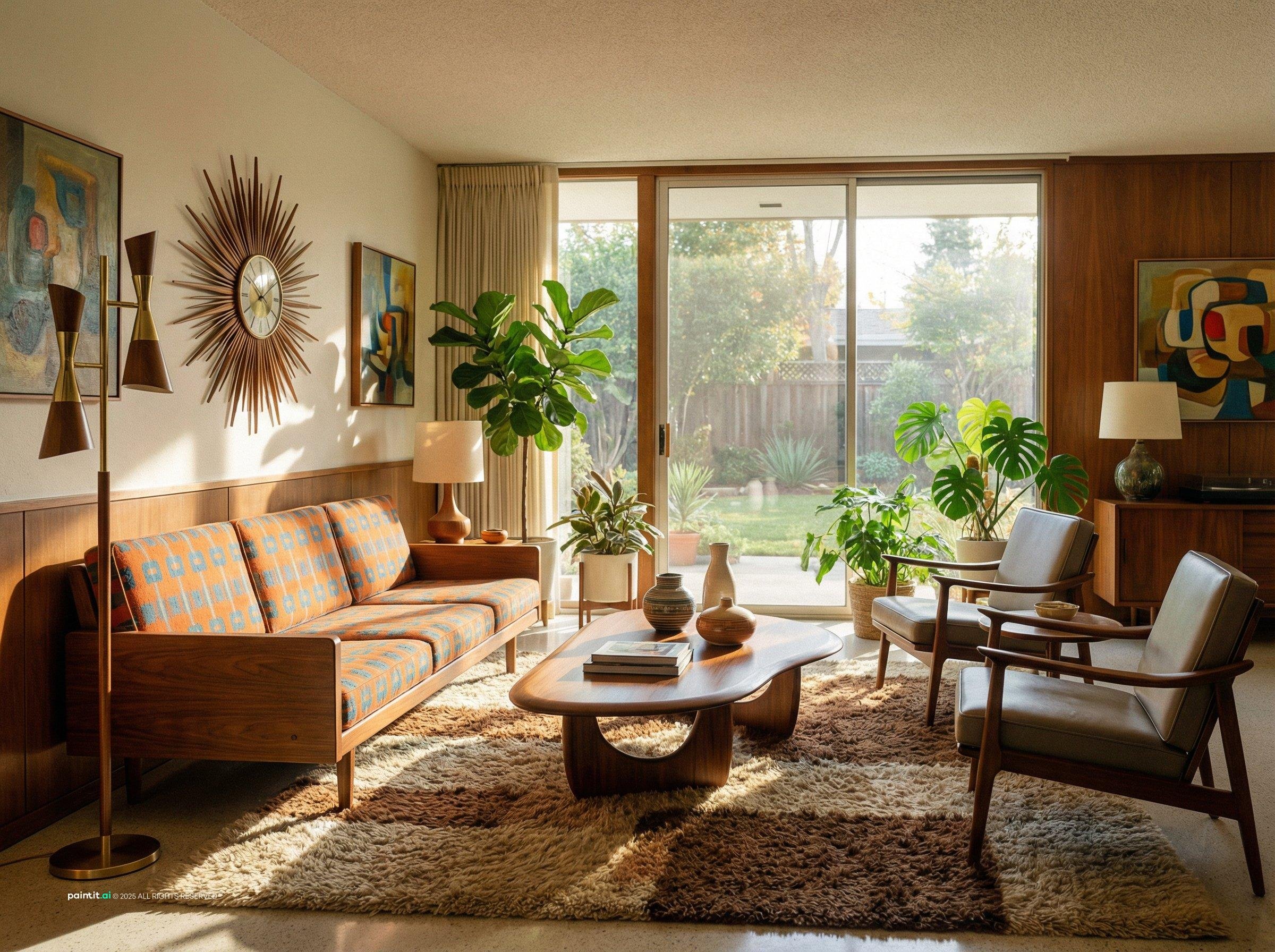 Mid century living room with a starburst mirror, a tan sofa, plants and wood walls