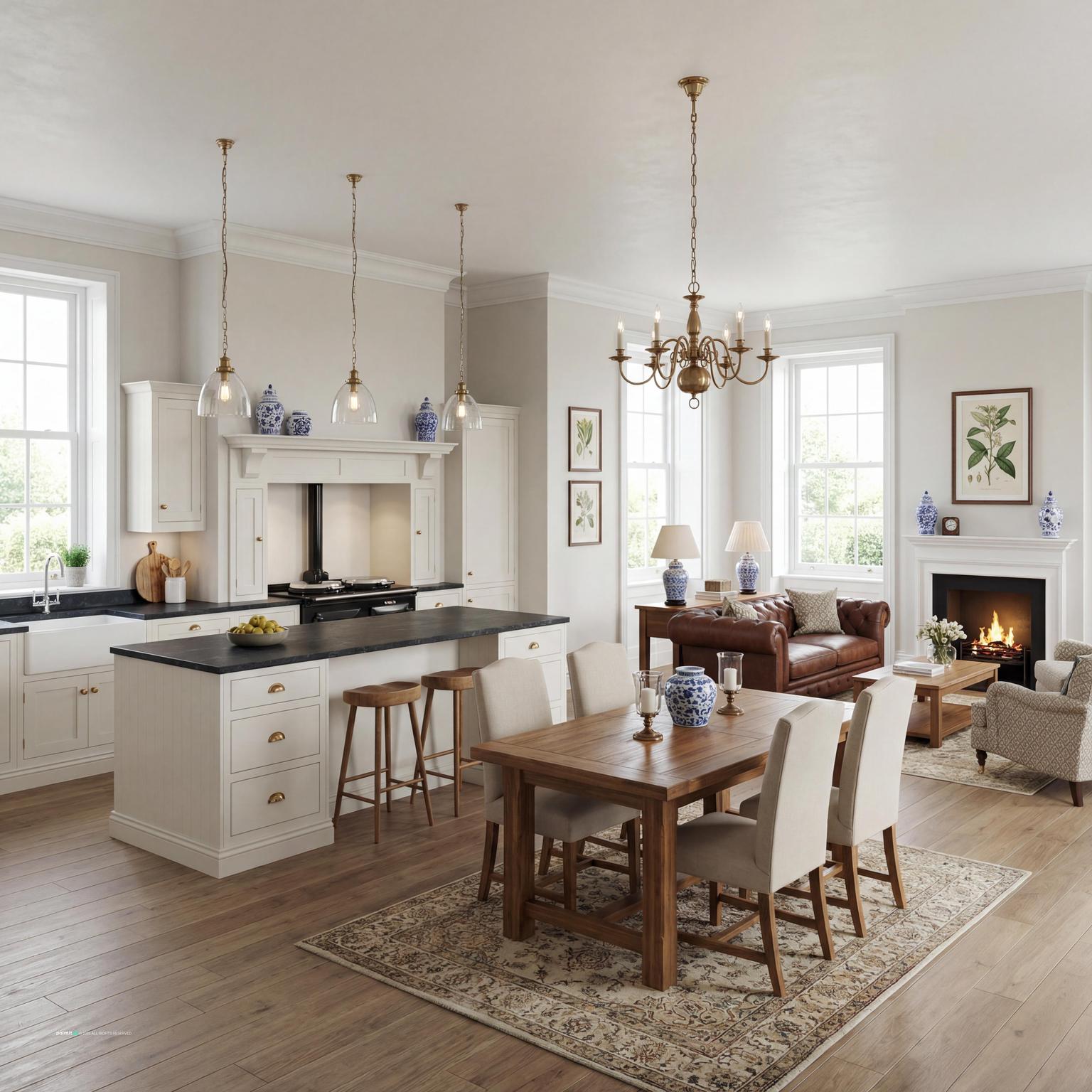 Elegant Colonial Style Open-Plan Kitchen & Living Area for English style interior design