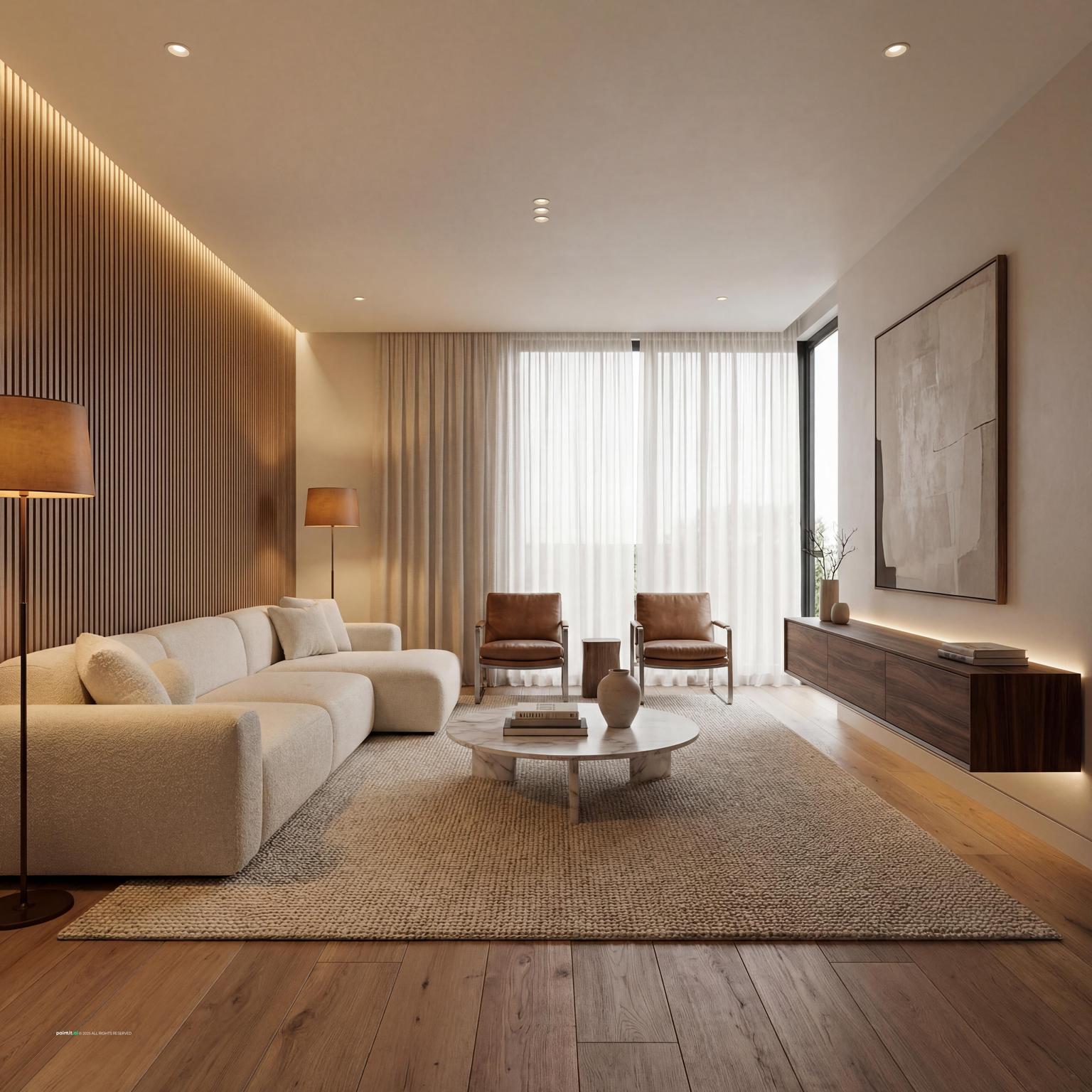 Luxurious modern navy blue and burnt orange living room design, featuring high-end furnishings, elegant lighting, and a refined, inviting ambiance.