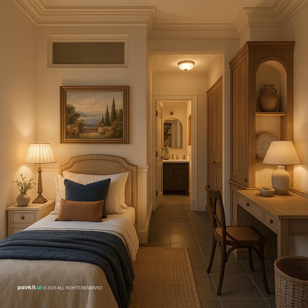 Small bedroom with blue bedding, arched wall niches with shelves and a landscape painting
