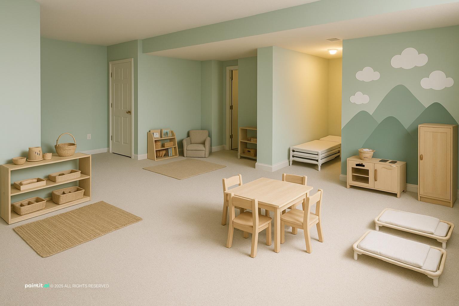 Airy Montessori-style home daycare with pale walls, small wooden tables and low cots