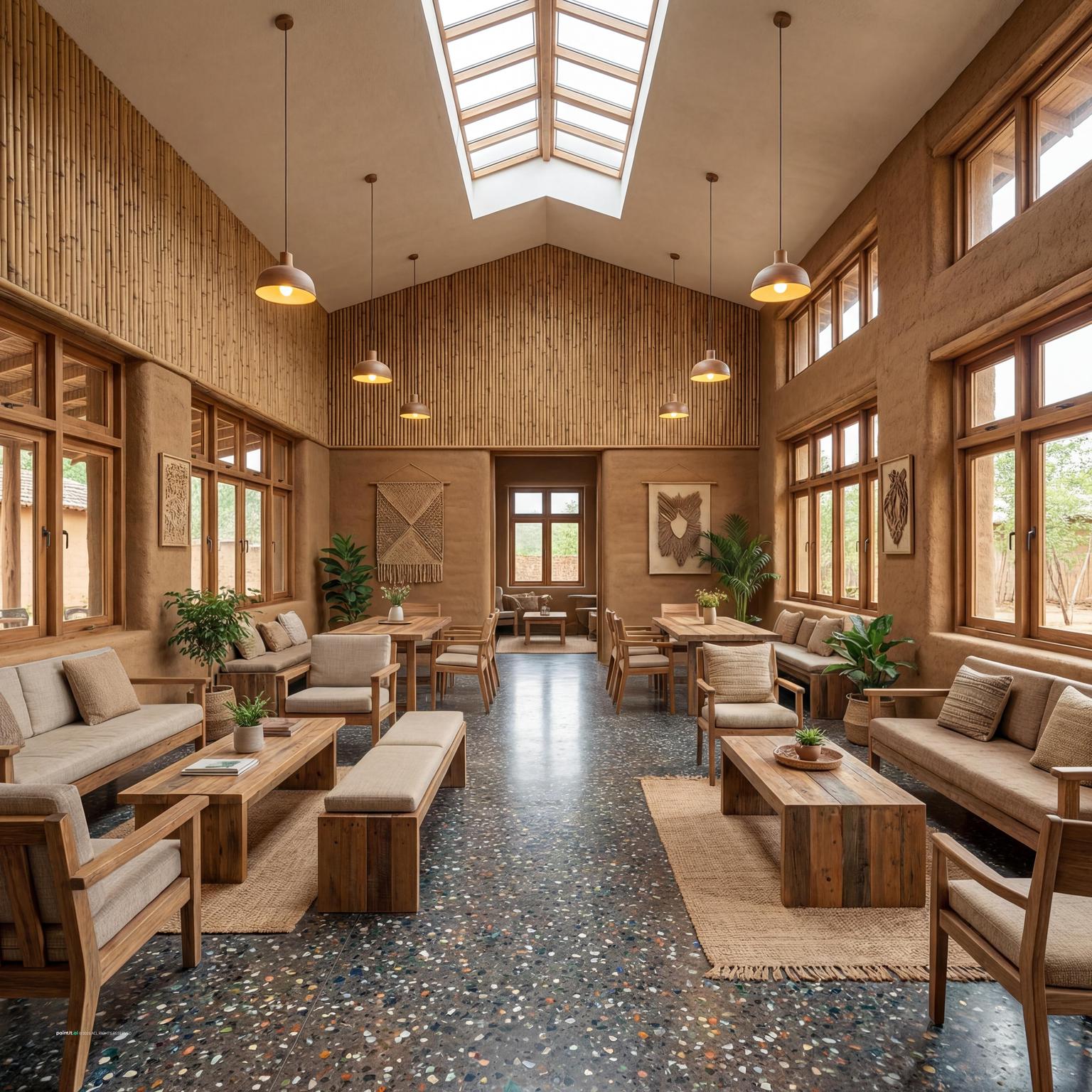 Hall built with sustainable materials, exposed timber structure, skylights and wooden benches