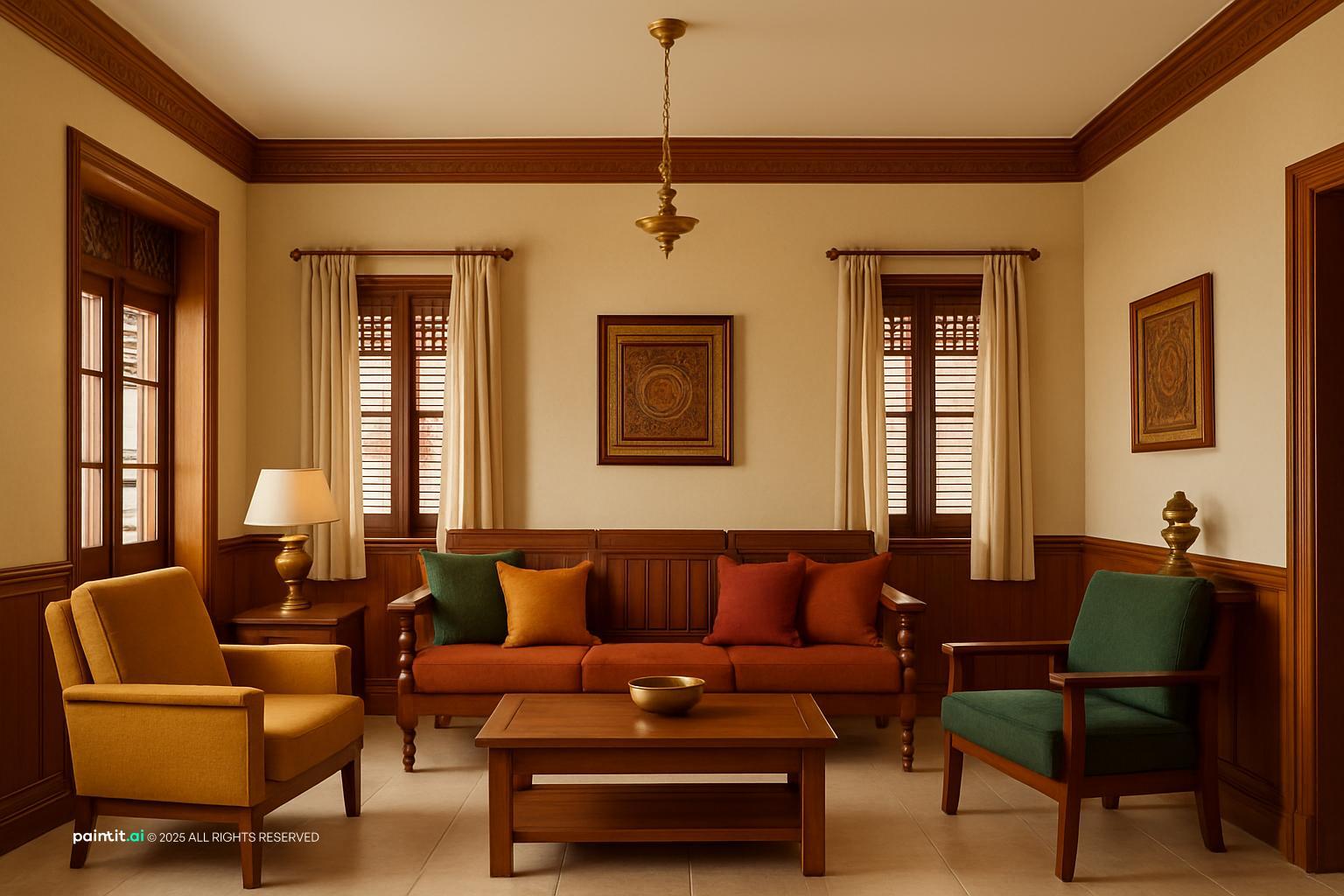 Living room with ivory walls, dark wood trim, mustard armchairs, a brown sofa and a wooden coffee table