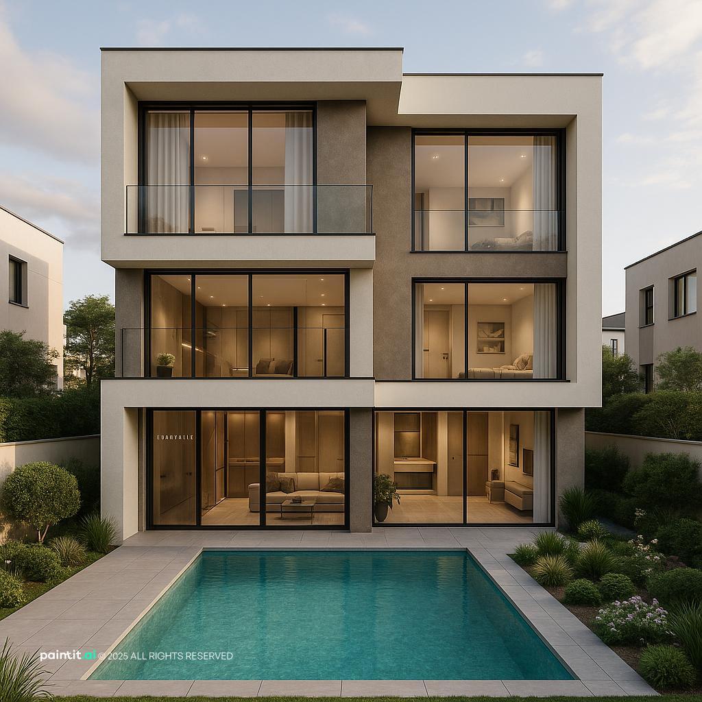 Modern Villa Design with Pool and Garden showing basement coziness for Basement Living Room Ideas.