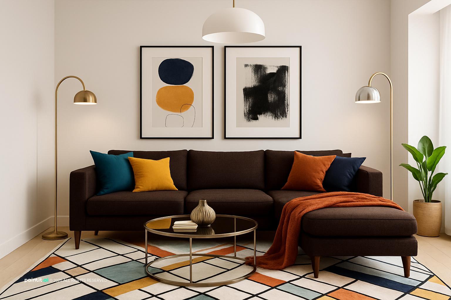Modern living room with a dark brown sofa, teal and mustard cushions and a geometric rug