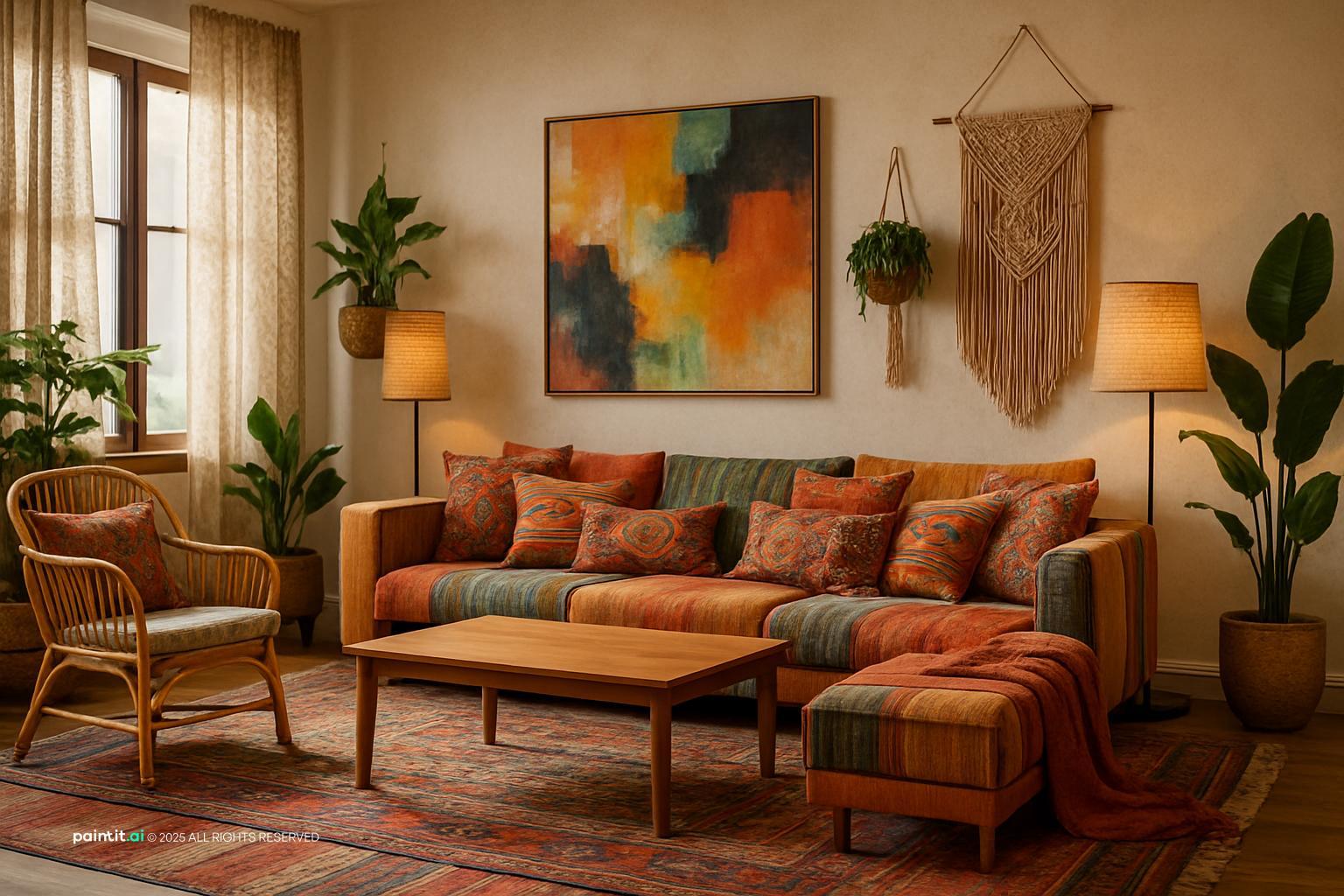 Boho living room with a rust patterned sofa, abstract art and a macramé hanging