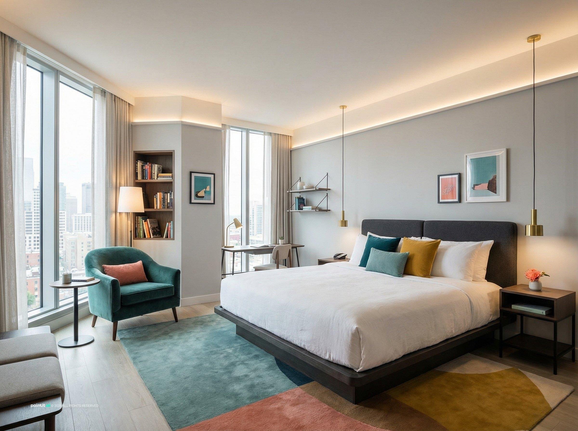 Contemporary hotel room with a king bed, a teal reading chair, a colourful rug and large windows